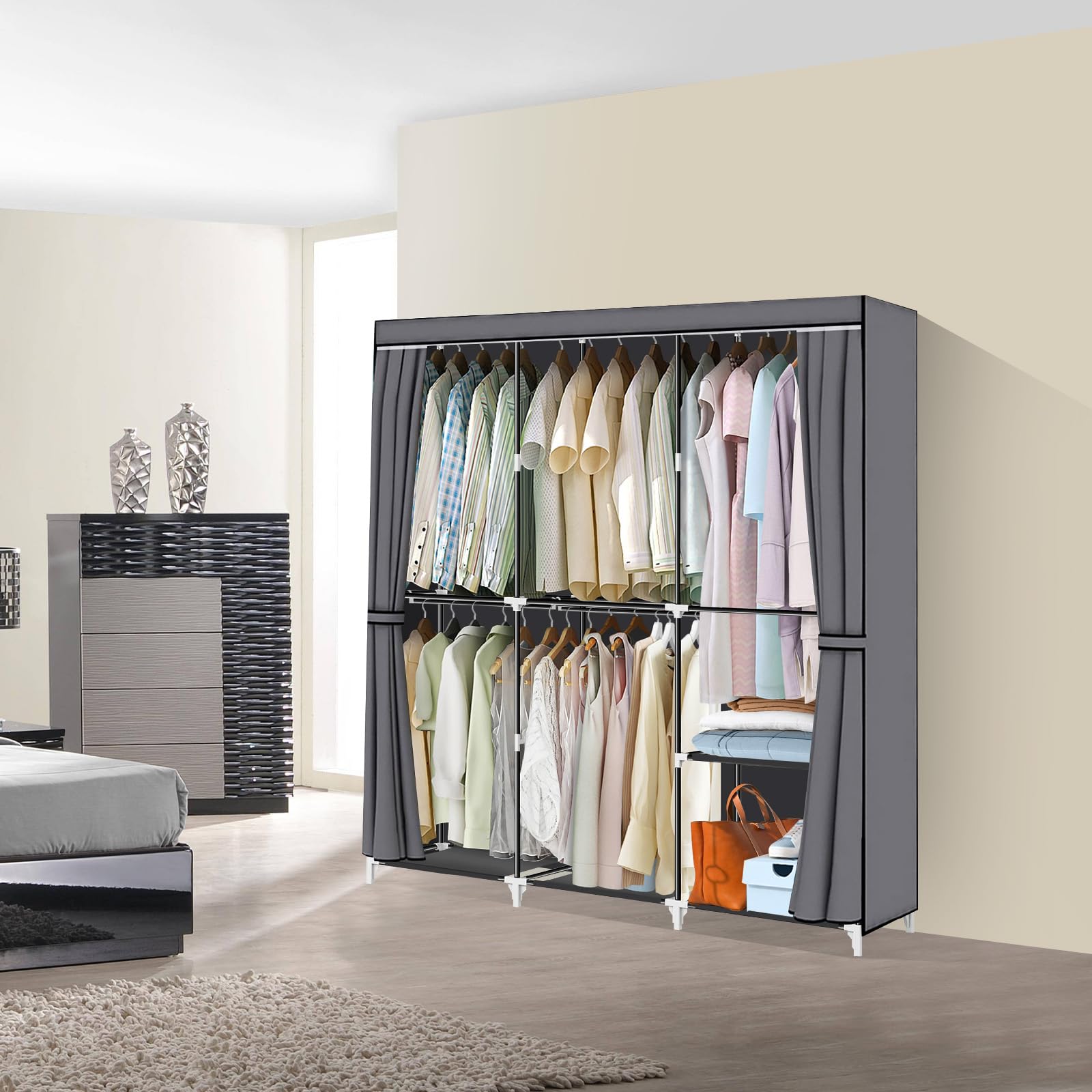 Portable Closet 50 Inch - Wardrobe Organizer with 5 Hanging Rods & Grey Non-Woven Fabric Cover - Easy Assembly Clothes Storage Solution for Bedroom, Closet, Dorm or Travel