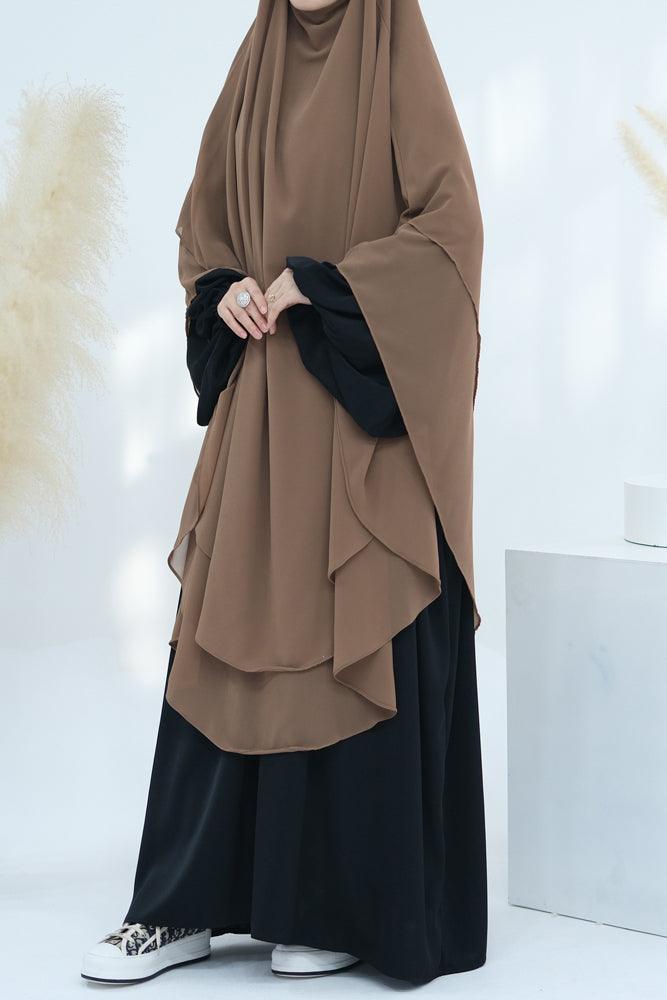 Extra Long Khaki Two Layer Chiffon Khimar Scarf - Elegant Muslim Prayer Shawl for Women, Perfect for Eid, Ramadan & Special Occasions - Lightweight & Breathable Hijab for Daily Wear & Formal Events