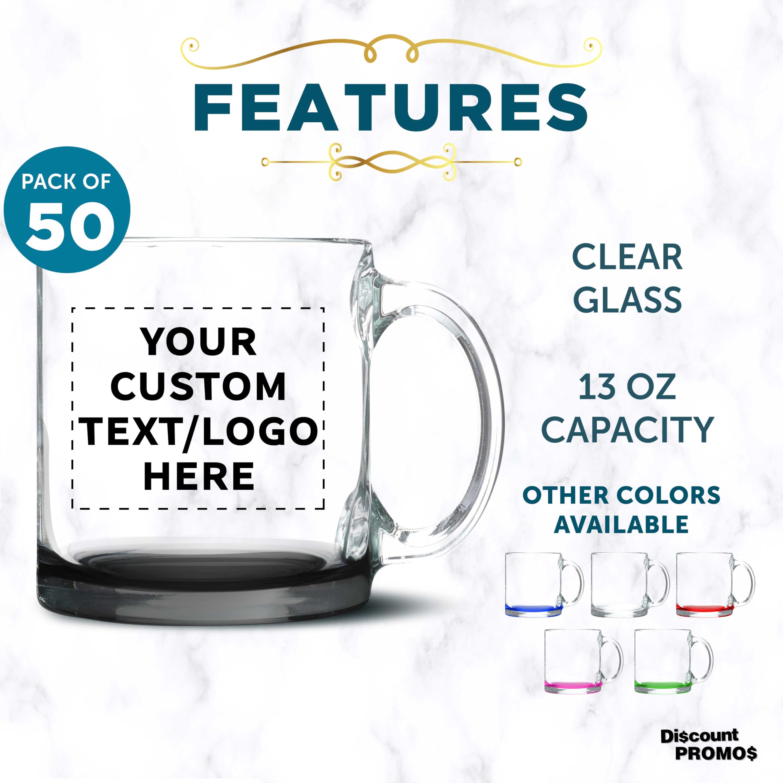 Personalized 13 oz Clear Glass Coffee Mugs Set of 50 - Custom Libbey Bulk Pack for Coffee, Tea, Espresso & Hot Cocoa - Black Bottom - Ideal for Cafes, Restaurants, Offices & Events