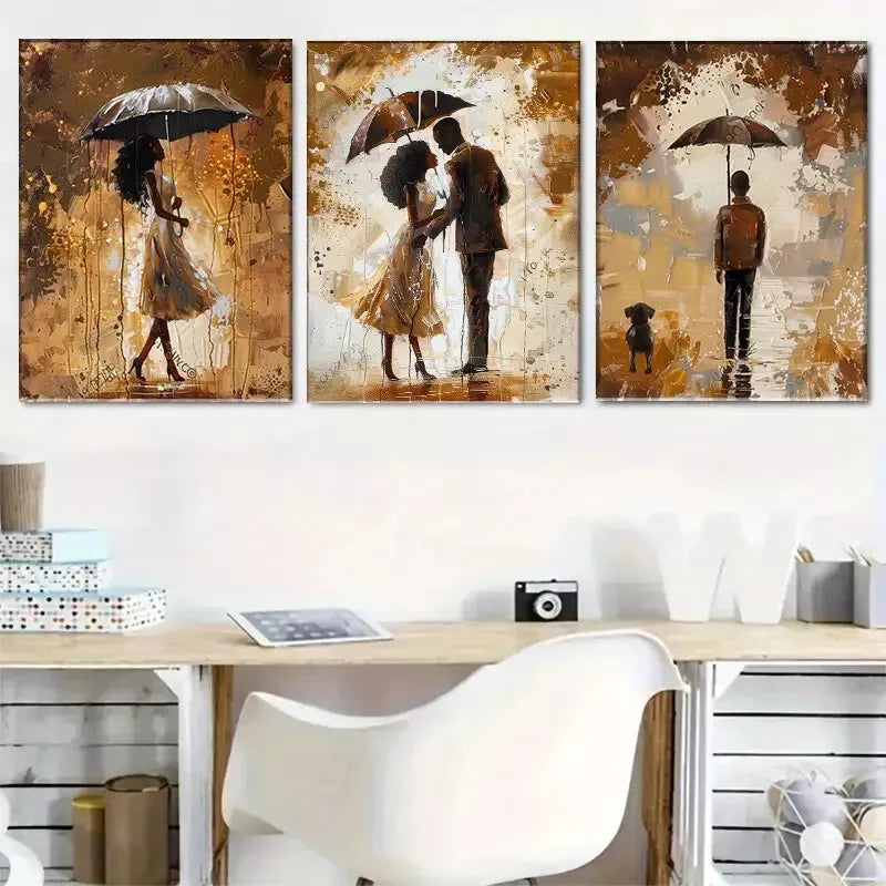 3pcs Romantic Rainy Day Couples Art Set - Framed Canvas 50x70cm - High Quality Wall Art Print - Australian Made - Ready to Hang - Perfect for Bedroom, Living Room & Wedding Gift