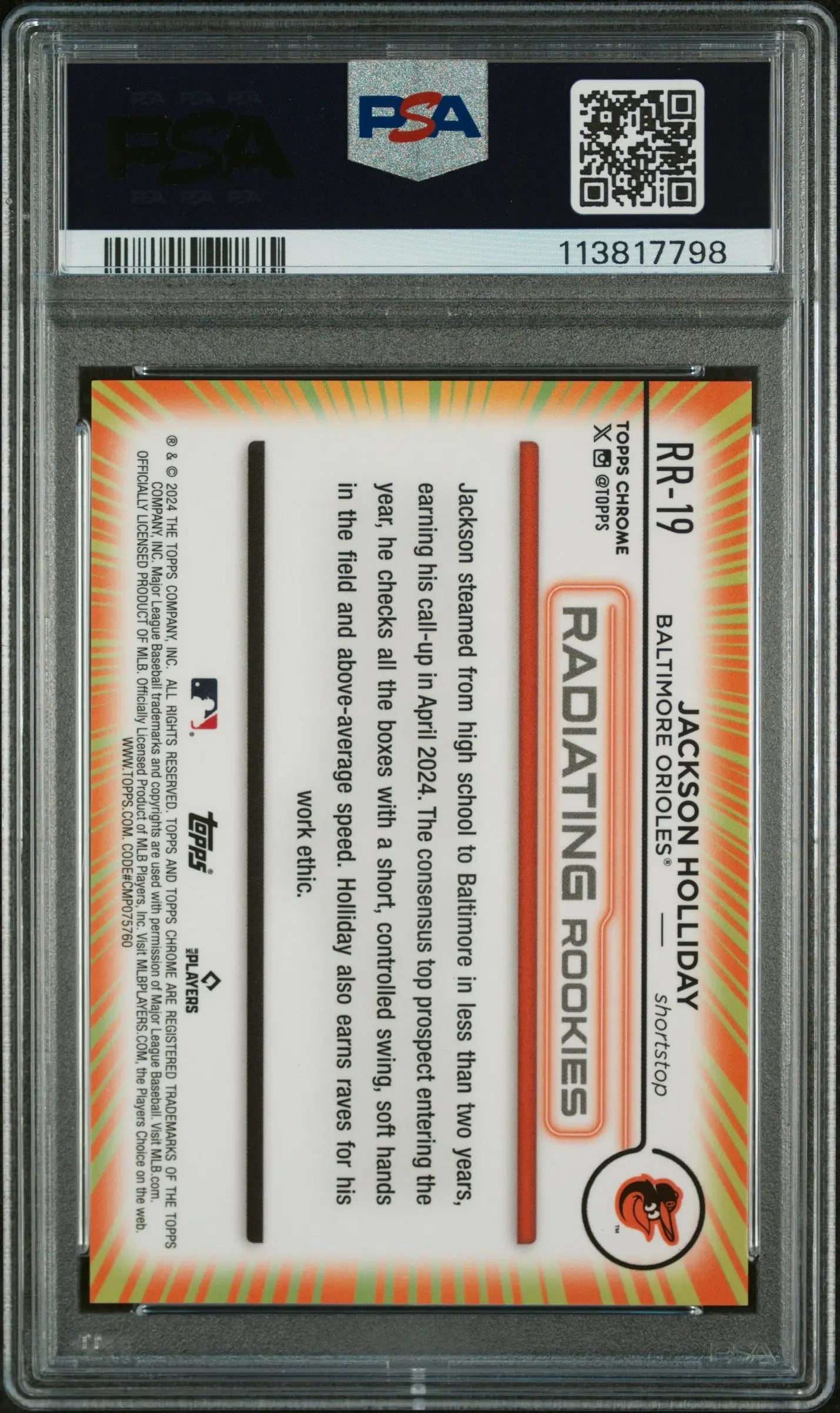 2024 Topps Chrome Baseball Radiating Rookies Jackson Holliday RC PSA 10 Gem Mint - Rare Baseball Card for Collectors & Investors - Perfect for Display, Trading, and Portfolio Growth