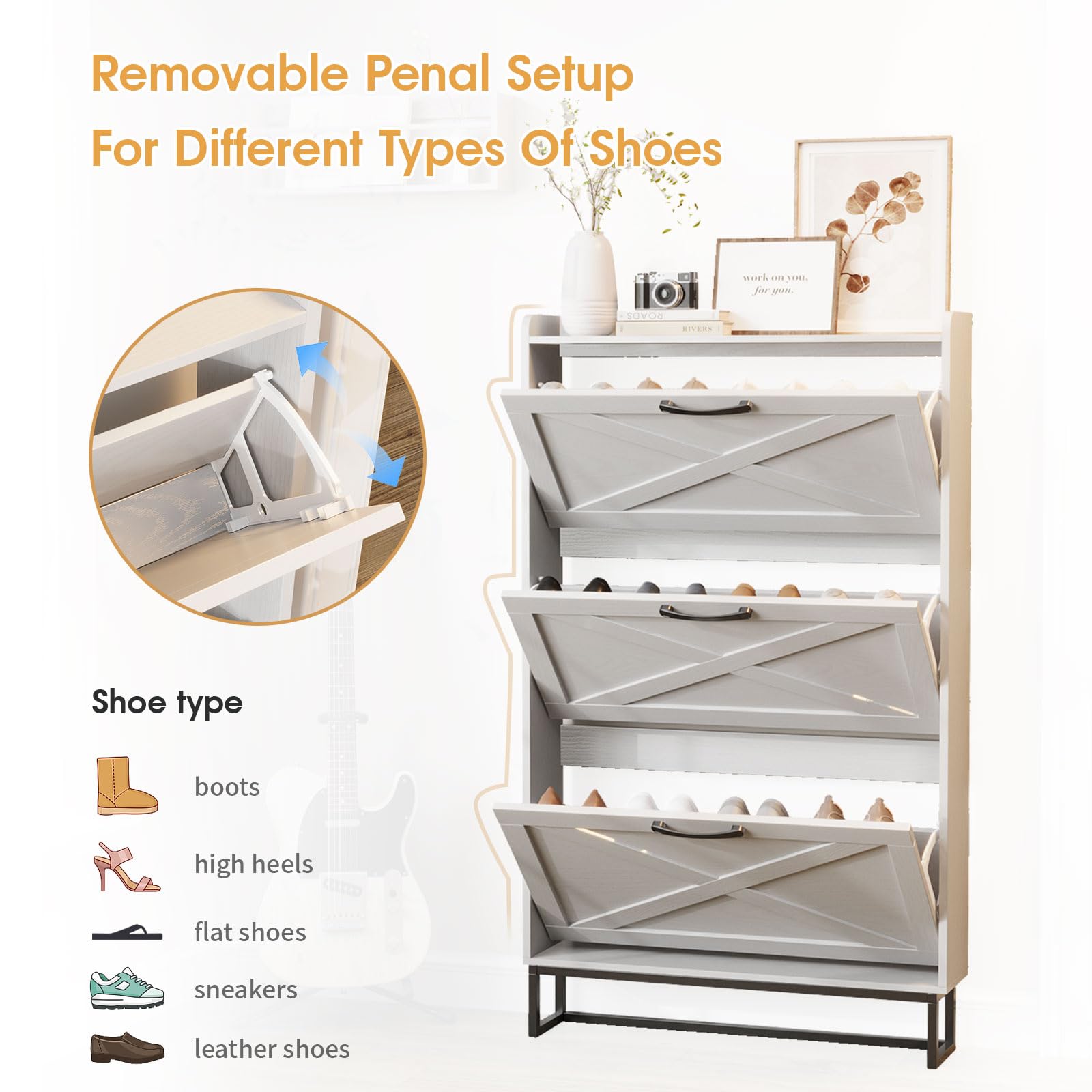 Maupvit Narrow Shoe Cabinet with 3 Flip Drawers - Slim Entryway Shoe Storage Organizer with Metal Legs, Farmhouse Style Free Standing Shoe Rack for Hallway, Living Room & Bedroom Organization