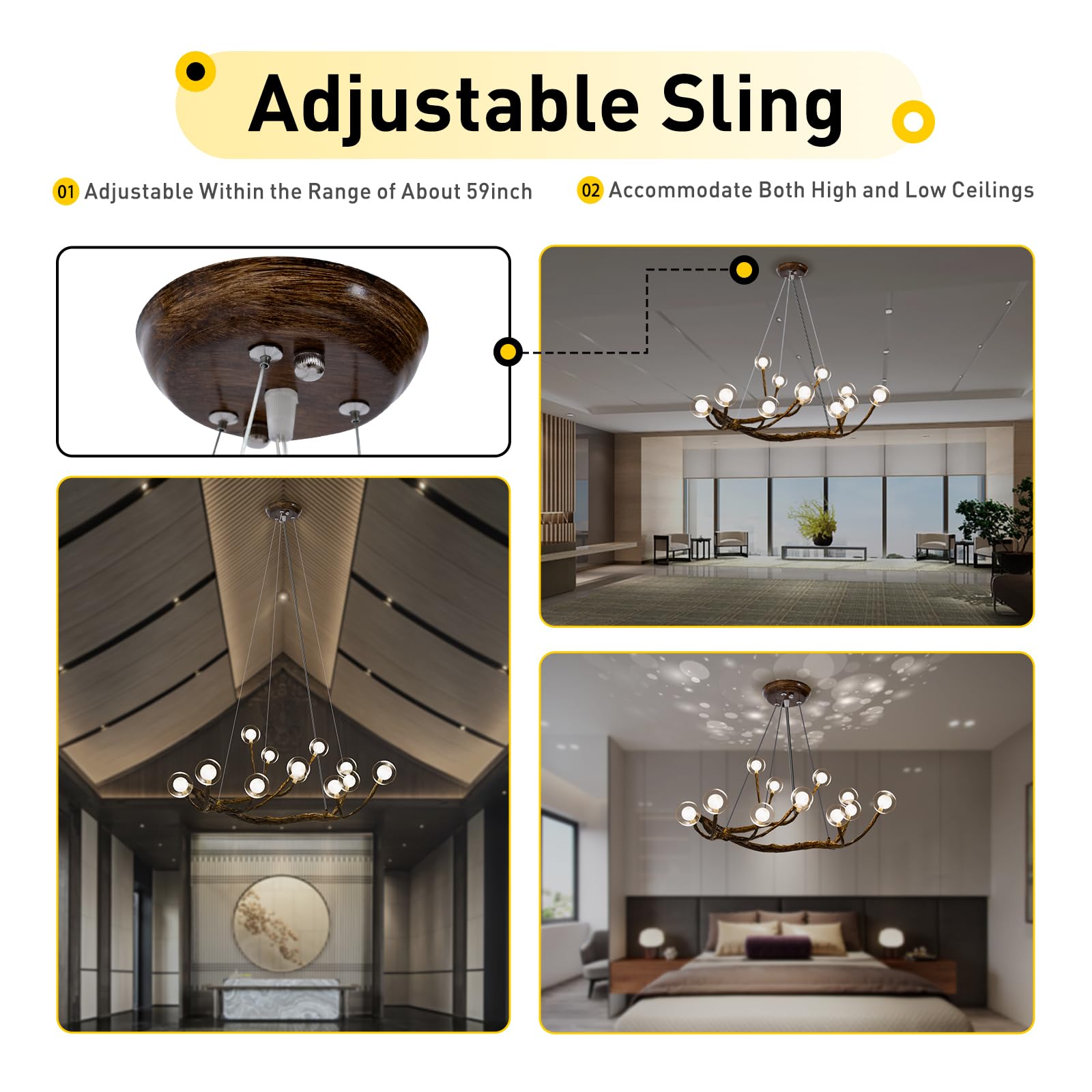 Modern Wood Branch Chandelier - 12 Bulb Adjustable LED Hanging Light with Resin Tree Design & Industrial Glass Bubbles - Perfect for Bedroom, Living Room, Dining Room & Home Decor Lighting