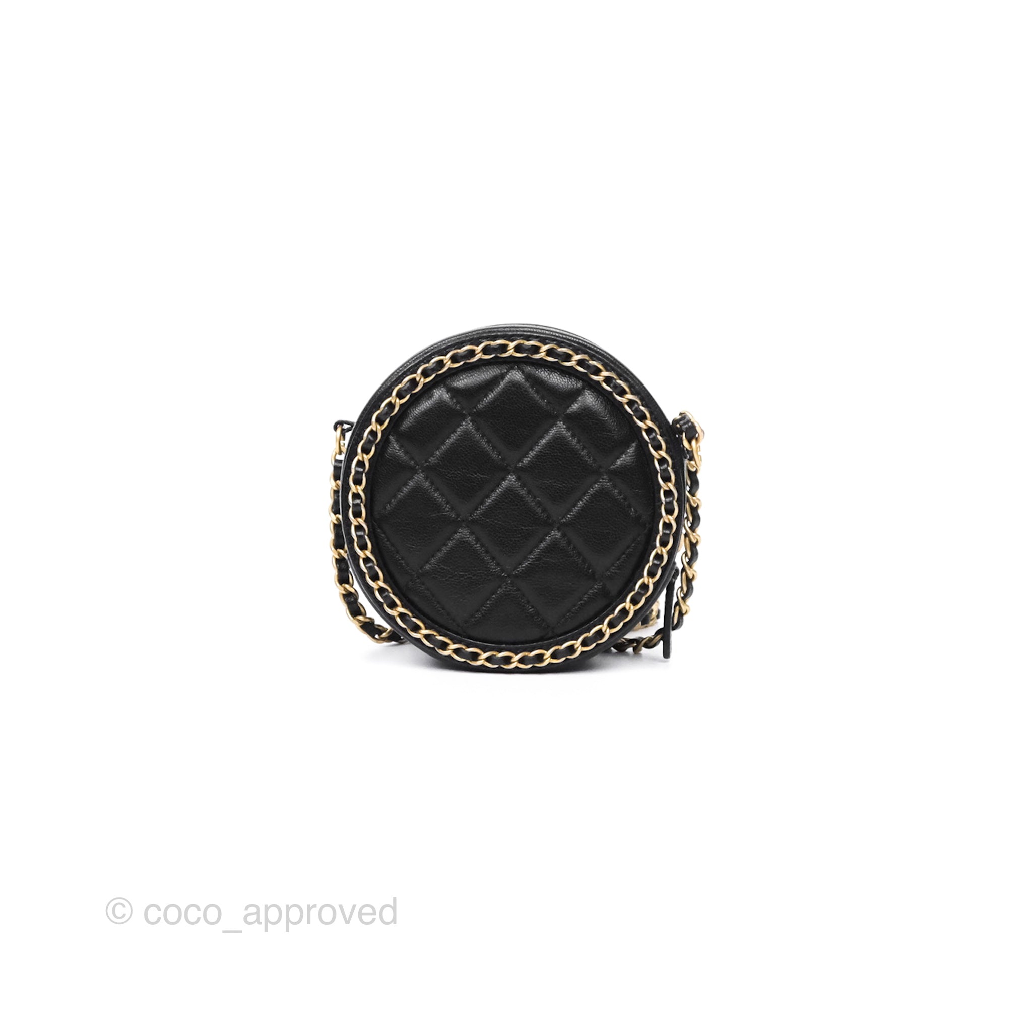 Chanel Black Lambskin Chained Round Filigree Clutch with Gold Hardware - Elegant Evening Bag for Parties, Weddings & Special Occasions
