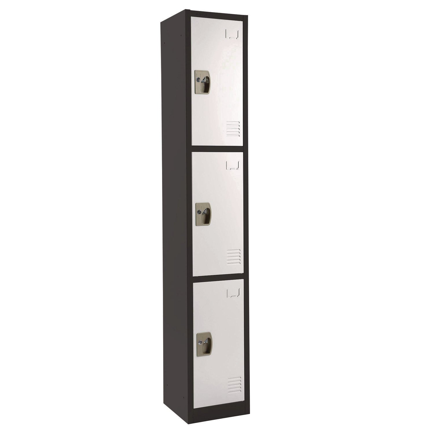 Steel Storage Locker with 3 Compartments - 12 x 12 x 72 Inches, Black Body & White Doors - Heavy-Duty School, Gym, or Office Locker for Secure Storage