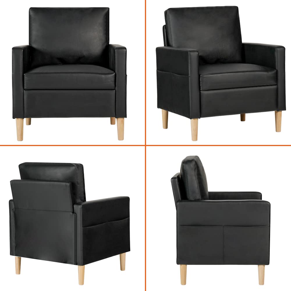 AILEEKISS Mid-Century Modern Upholstered Faux Leather Accent Armchair Set of 2 - Living Room, Apartment, Dorm & Office Furniture for Small Spaces (Black) - Perfect for Compact Homes, Reading Nooks & Guest Seating