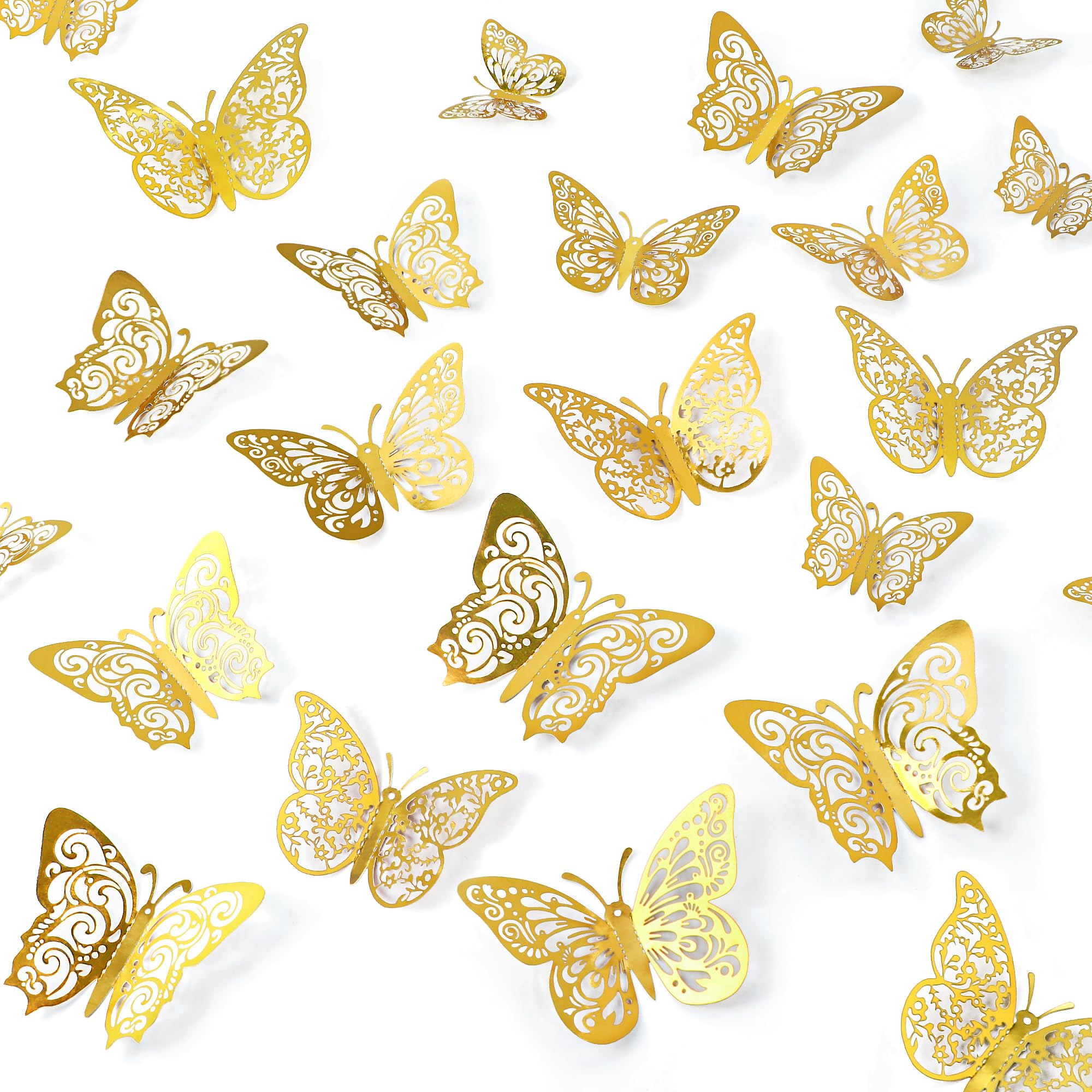 72 Pcs Gold Butterfly Decorations - 3 Sizes & Styles, 3D Wall Butterflies for Party, Birthday, Wedding, Baby Shower Decor | DIY Crafts, Cake Toppers, Home & Room Wall Decorations