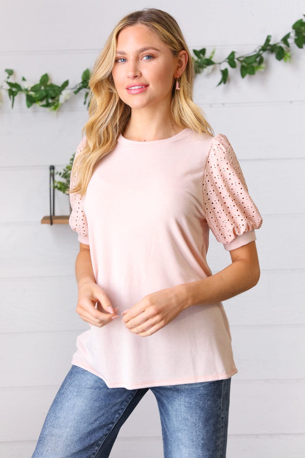 Peach Eyelet Puff Sleeve French Terry Top for Women - Summer Boho Blouse with Lace Trim, Casual Loose Fit T-Shirt | Perfect for Beach Outings, Date Nights & Weekend Brunch