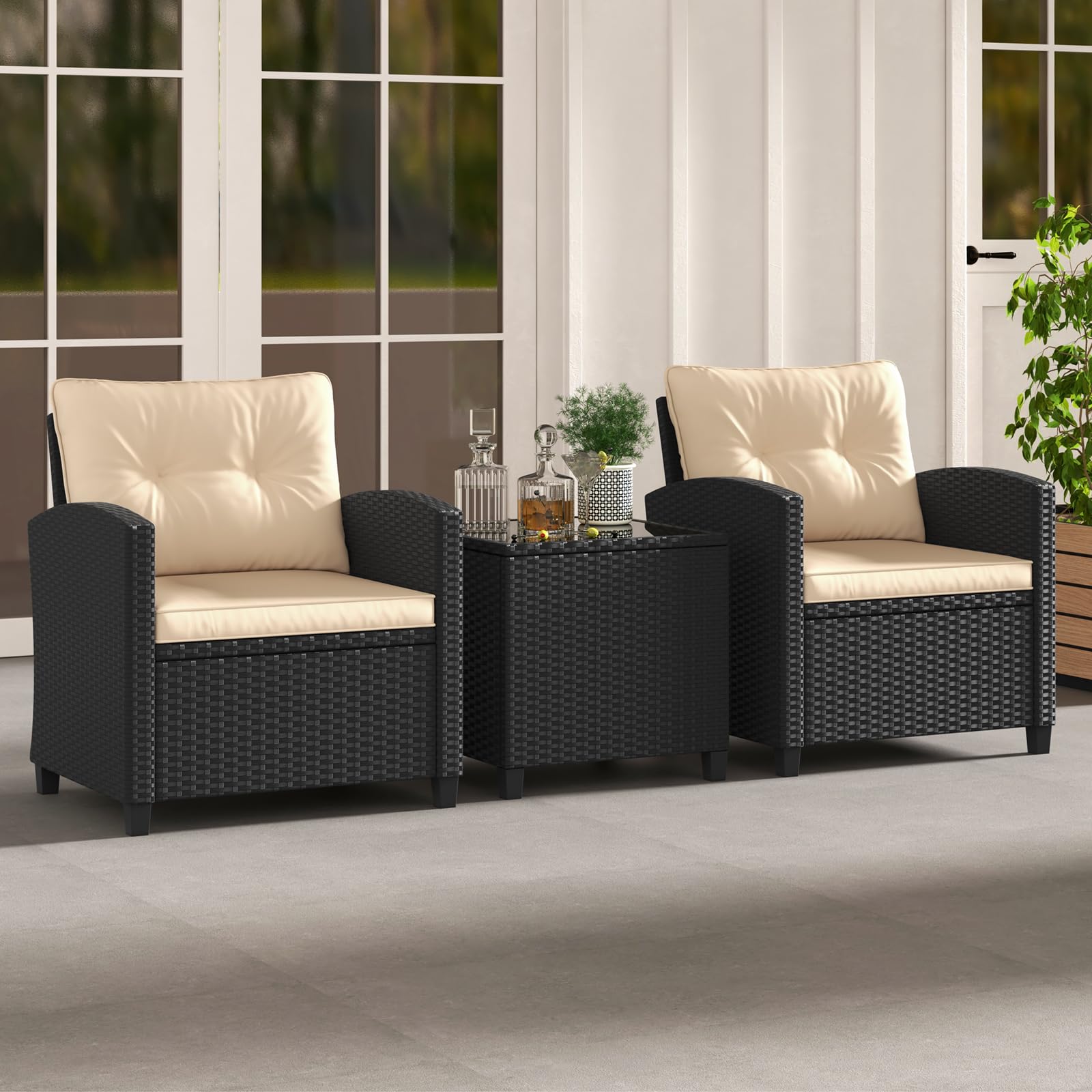 HAPPYGRILL 3-Piece PE Rattan Outdoor Patio Furniture Set with Tempered Glass Coffee Table & Washable Cushions - Wicker Bistro Sofa Conversation Set for Garden, Poolside, Balcony, Backyard (Beige) | Perfect for Relaxing, Entertaining & Outdoor Dining