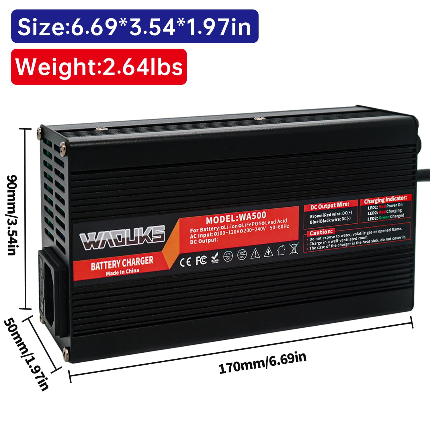 50.4V 6A Lithium Battery Charger with Cooling Fan & Aluminum Case - XT60 Male Connector for 12S 44.4V Li-ion Batteries - Perfect for Ebikes, Scooters, and Power Tools