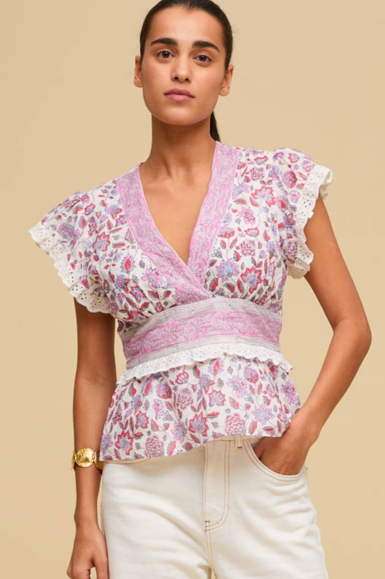 Pippa Block Print Top | Garden Jaal White/Pink Floral Embroidered Women's Blouse | Perfect for Summer Outfits, Boho Fashion & Casual Wear