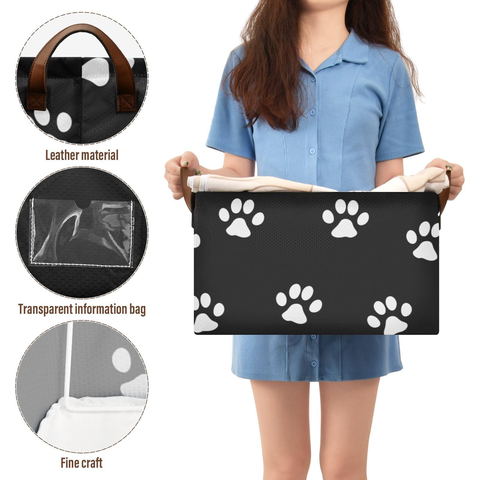 Emelivor Black Foldable Storage Bins with Dog Paw Prints - Rectangular Organizing Baskets for Shelves, Nursery & Closet - Decorative Home Storage Box with Handles | Perfect for Pet Supplies, Baby Items & Wardrobe Organization