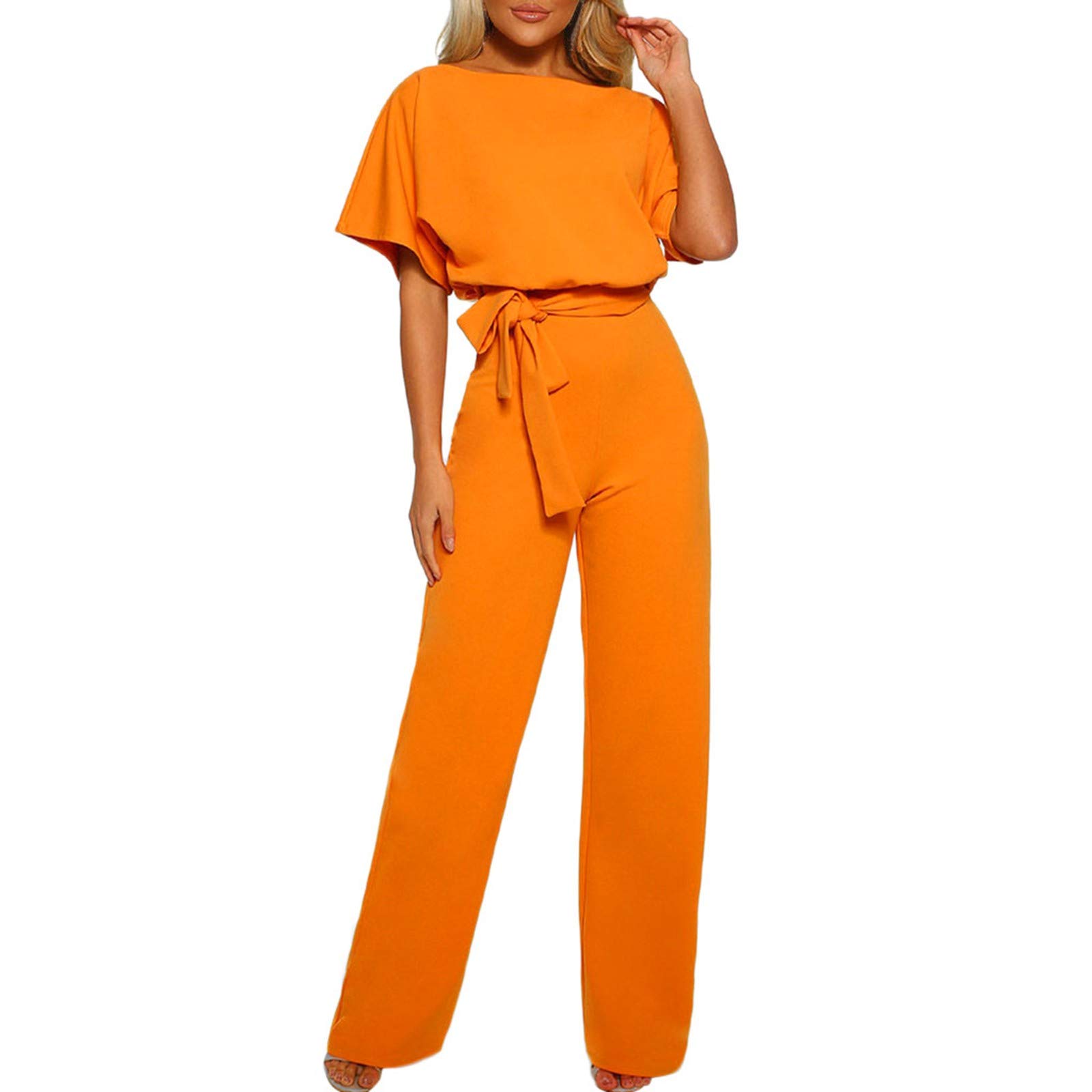 Elegant Palazzo Jumpsuit for Women with Belt - Clubwear & Lounge Pants, Straight Leg Design, Short Sleeve Playsuit - Perfect for Night Out, Parties, and Casual Wear