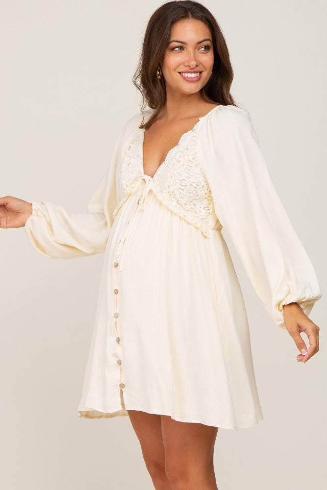Beige Crochet Lace Button Front Maternity Dress for Pregnancy Photos, Baby Shower & Special Occasions - Comfortable Nursing Dress for Expecting Mothers