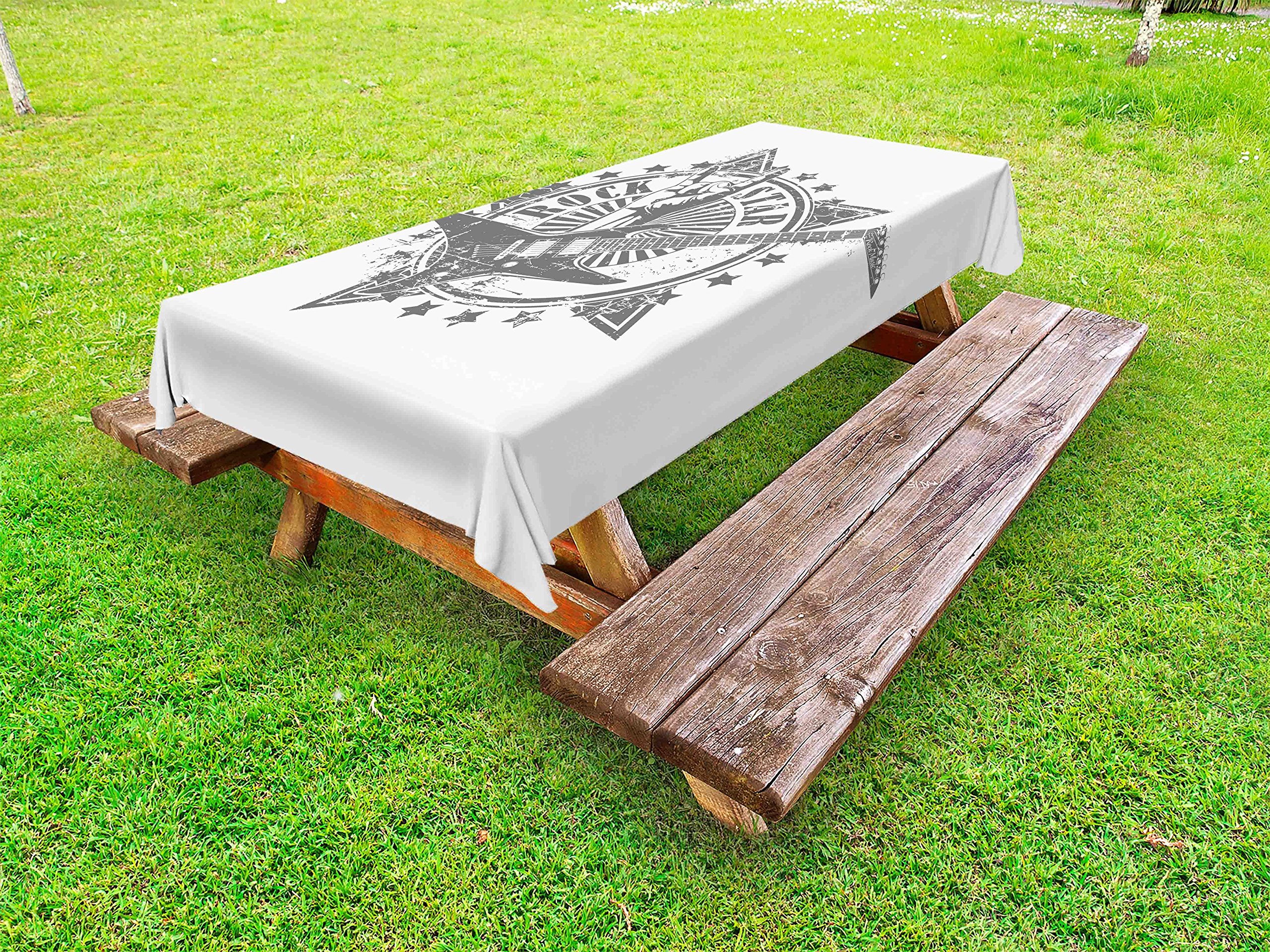 Ambesonne Guitar Themed Outdoor Tablecloth - Rock Star Music Design with Monochrome Stars, Washable Picnic Table Cover 58