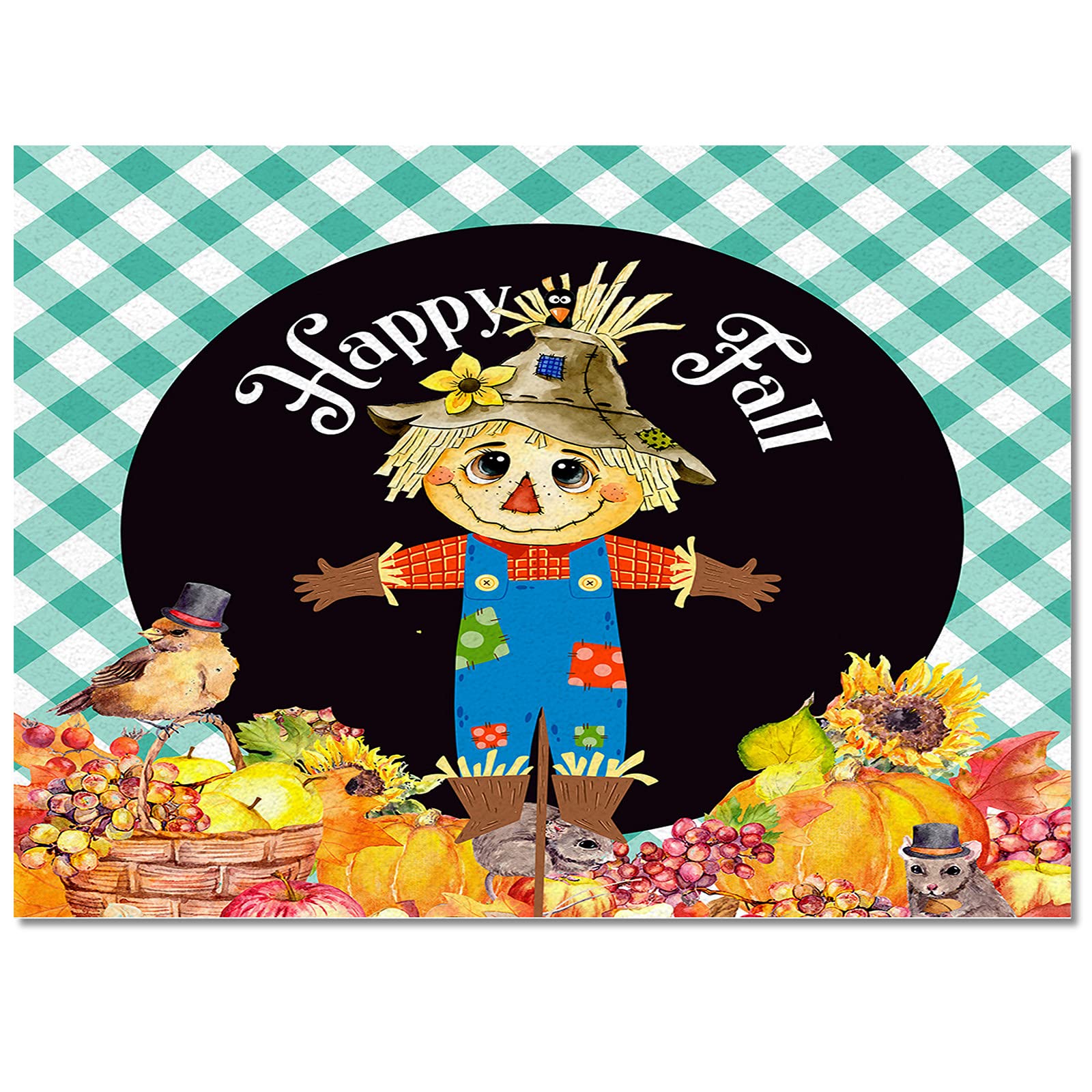 5' x 7' Scarecrow Pumpkin Area Rug - Non-Slip Buffalo Check Carpet in Teal Green - Perfect for Living Room, Bedroom & Entryway Decor