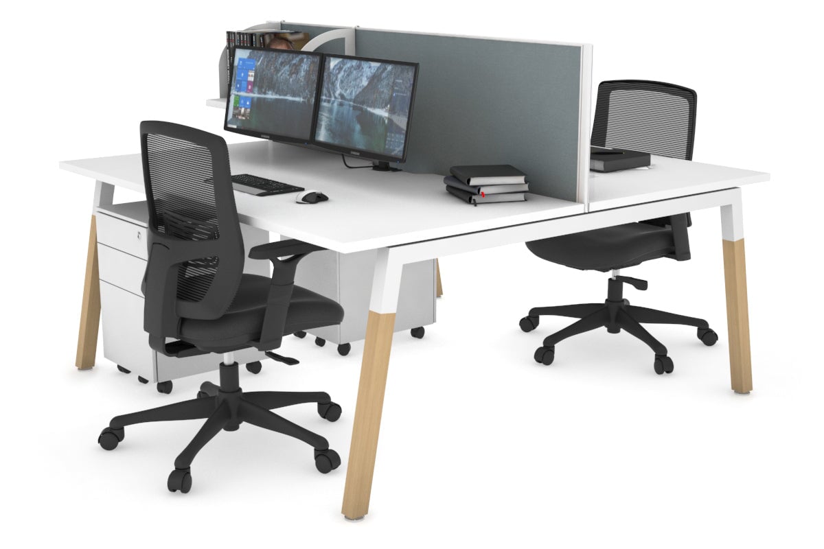 Quadro A Legs 2-Person Office Workstation with Wood Legs & Cross Beam - 1200L x 800W with Cable Management Scallop | Perfect for Shared Workspaces & Home Offices