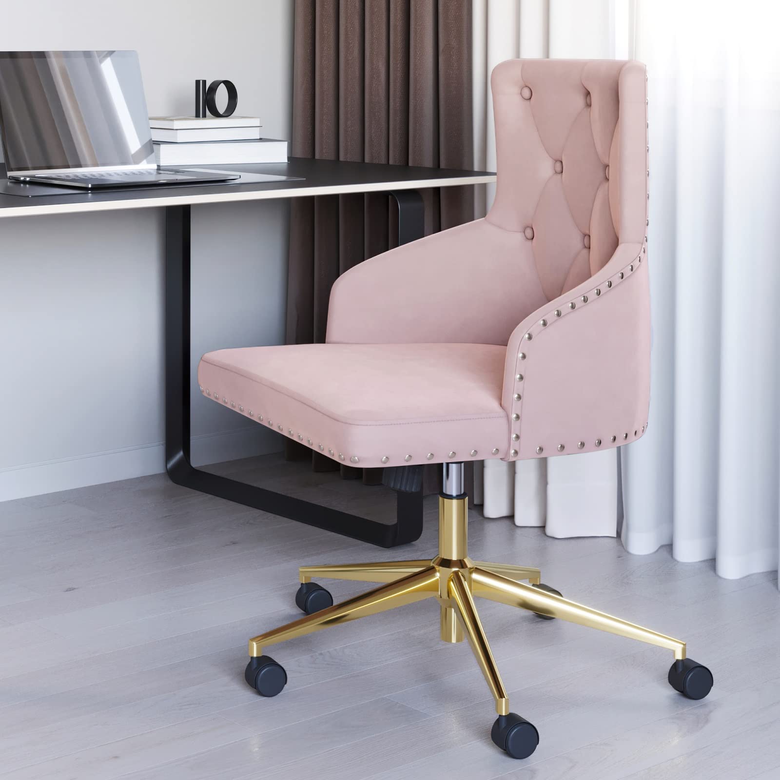 BELLEZE Modern Velvet Desk Chair - Adjustable Height Swivel Office Chair with Wheels & Tufted Upholstered Seat for Home Office, Bedroom Vanity or Gaming Setup - Pink (Belden Collection)