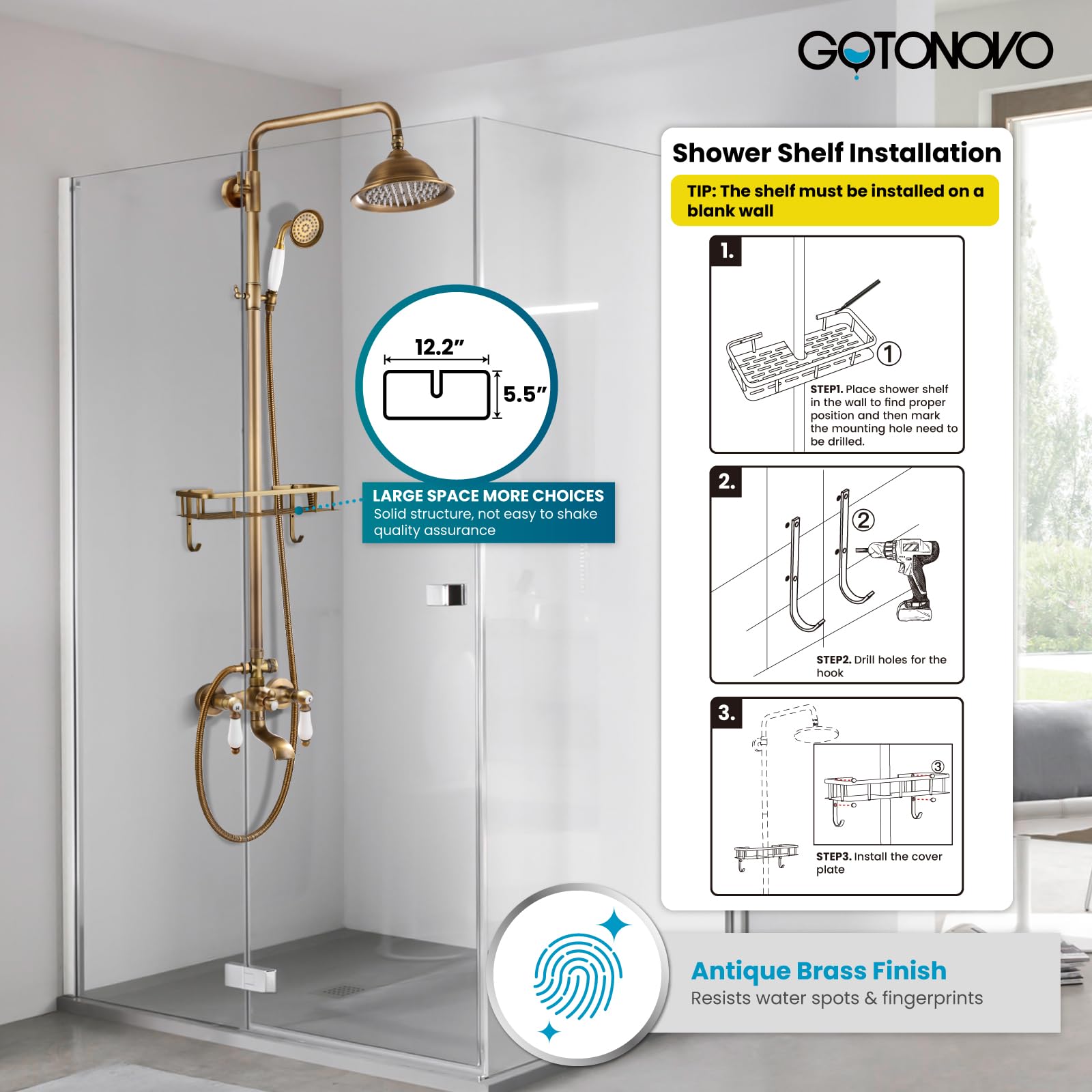 Gotonovo 8-Inch Rainfall Shower Head with Handheld Sprayer - Antique Brass Vintage Bathroom Tub Shower Faucet Set with Wall Mounted Shower Shelf & Tub Spout - Perfect for Modern & Vintage Bathroom Renovations