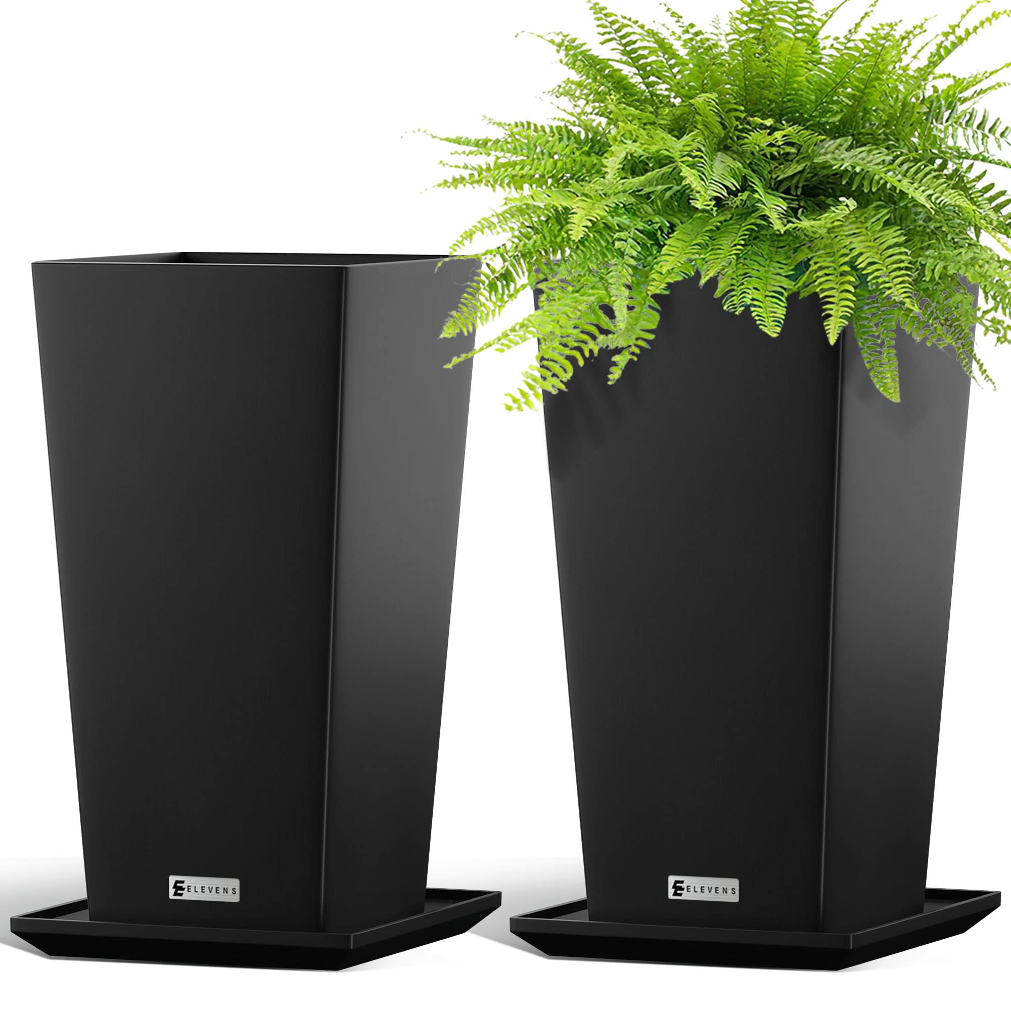 Elevens 30 Inch Tall Tapered Square Planters - 2 Pack Large Black Garden Flower Pots with Tray for Indoor Outdoor Use, Perfect for Patio, Deck, Balcony & Home Decor
