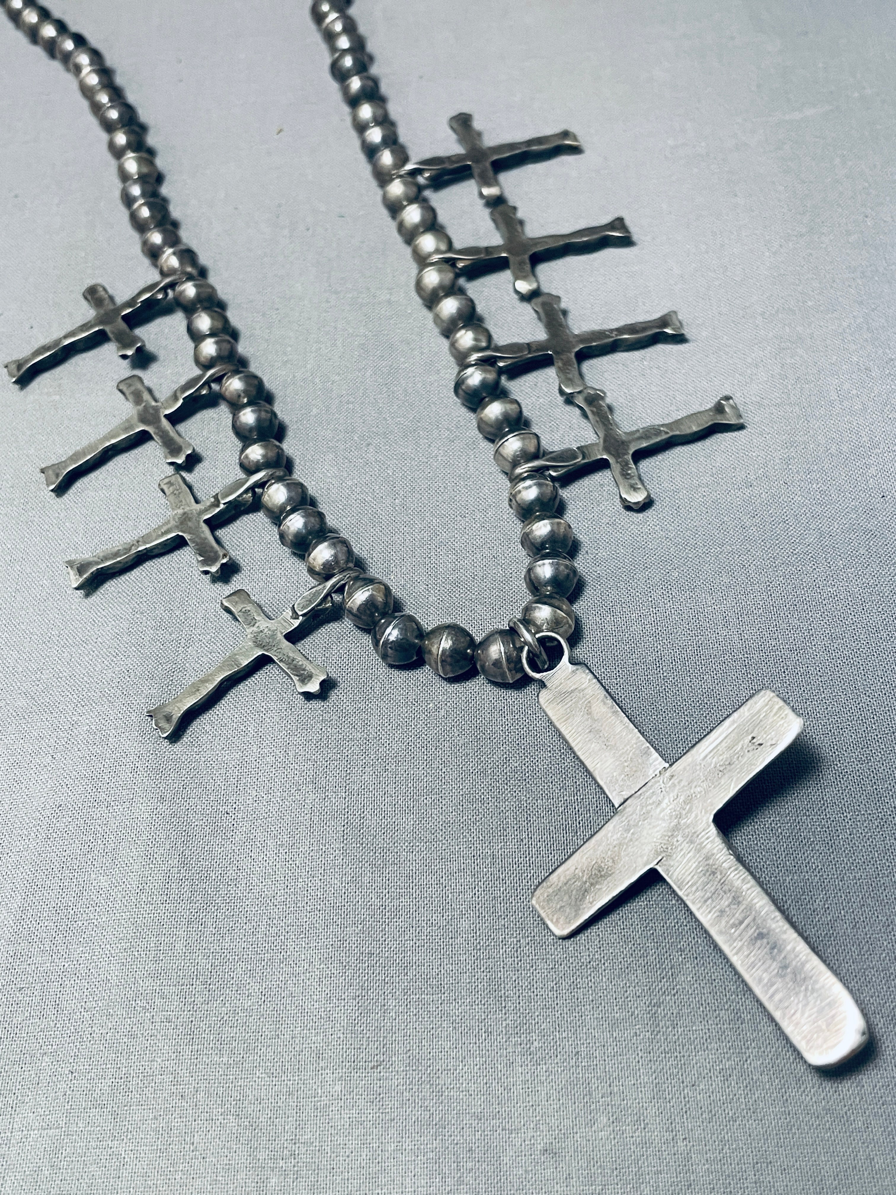 Vintage 1910s-1920s Navajo Sterling Silver Cross Squash Blossom Necklace - Authentic Native American Jewelry for Western Fashion & Boho Style