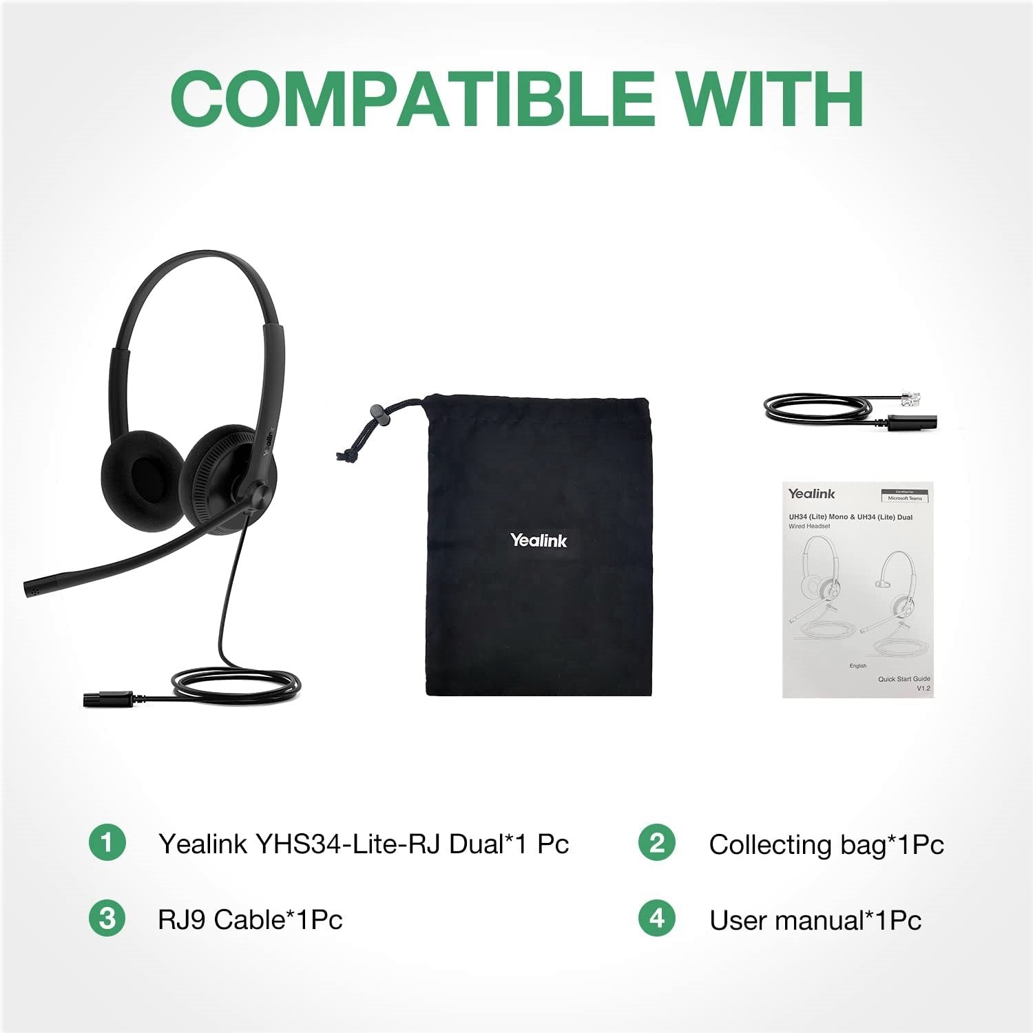 Yealink YHS34 & YHS34 Lite Professional Wideband Headset with Noise Cancellation - Dual & Mono Options for Clear Calls - Perfect for Office, Call Center & Remote Work