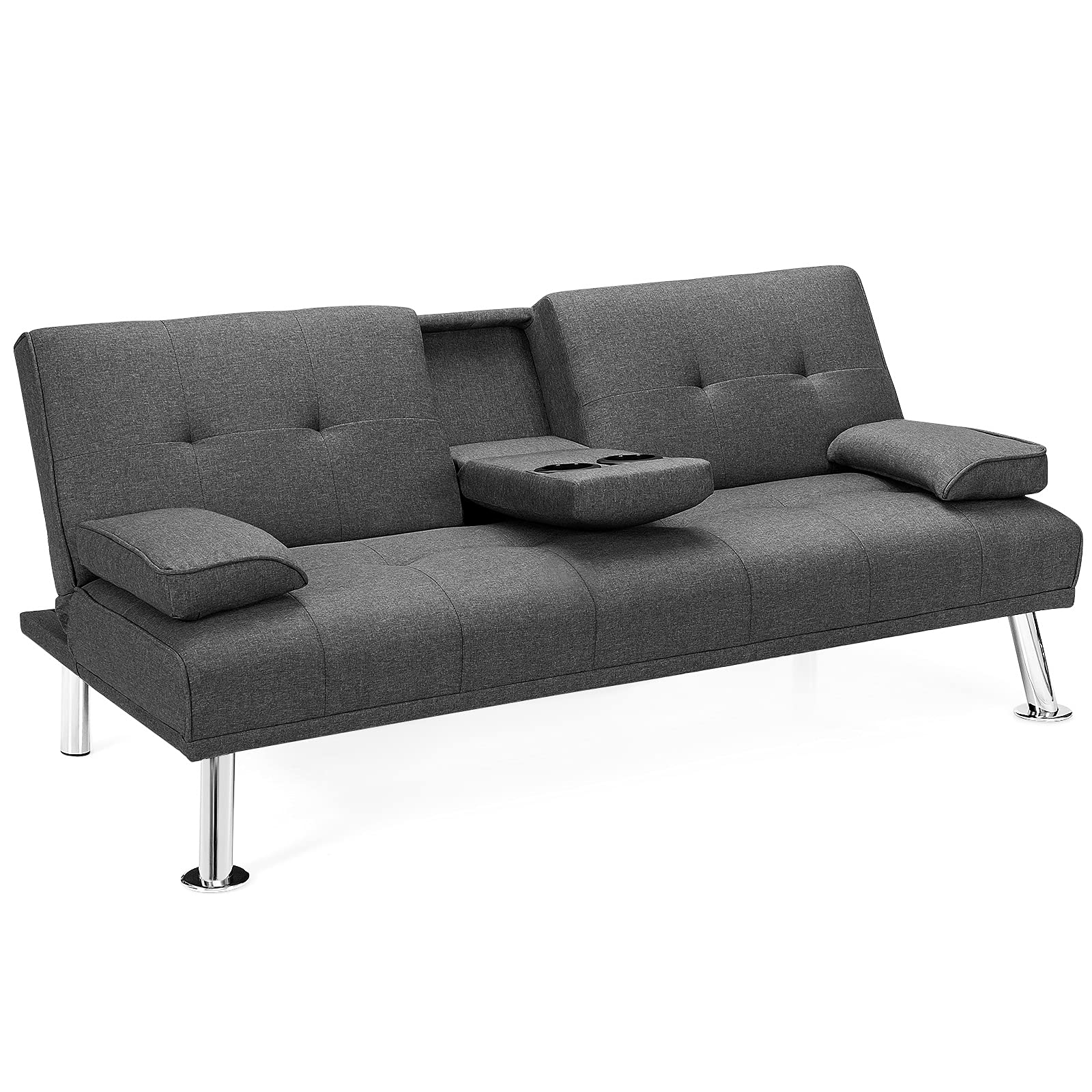 BANGTANE Soft Convertible Futon Bed & Couch with Removable Armrests, Cup Holders & Adjustable Backrest - Breathable Sofa Bed for Living Room, Guest Room or Small Spaces (Dark Gray) - Perfect for Lounging, Napping & Hosting Overnight Guests