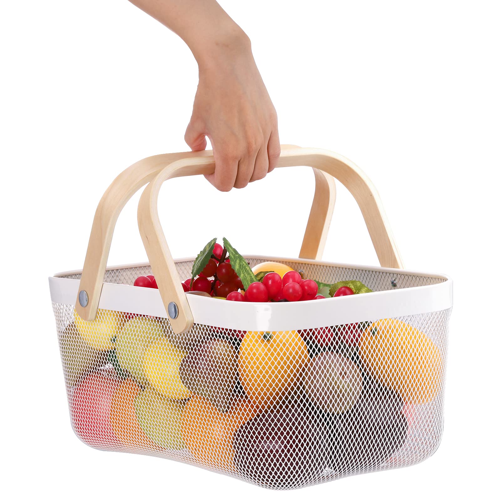ZEAYEA White Mesh Storage Basket with Handle - Garden Harvest Basket, Vegetable & Fruit Picking Basket, Multi-Purpose Metal Wire Bin for Kitchen, Garden, Picnic & Cabinet Organization - Perfect for Harvesting Produce, Organizing Pantry & Outdoor Gatherings