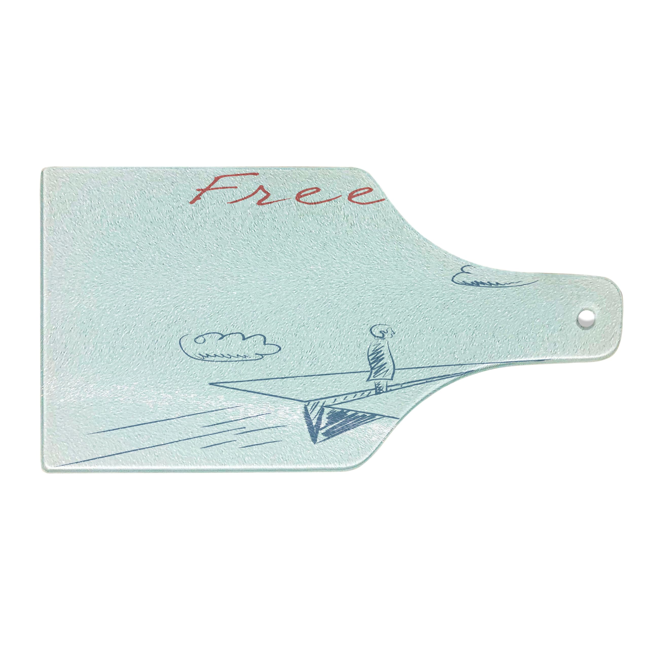 Ambesonne Adventure Wine Bottle Shaped Cutting Board - Hand Drawn Flying Paper Plane Sketch Design with Freedom Text Clouds - Tempered Glass Serving Board for Kitchen & Entertaining (Blue Grey Red White) - Perfect for Cheese Platters, Charcuterie & Wine Pairings
