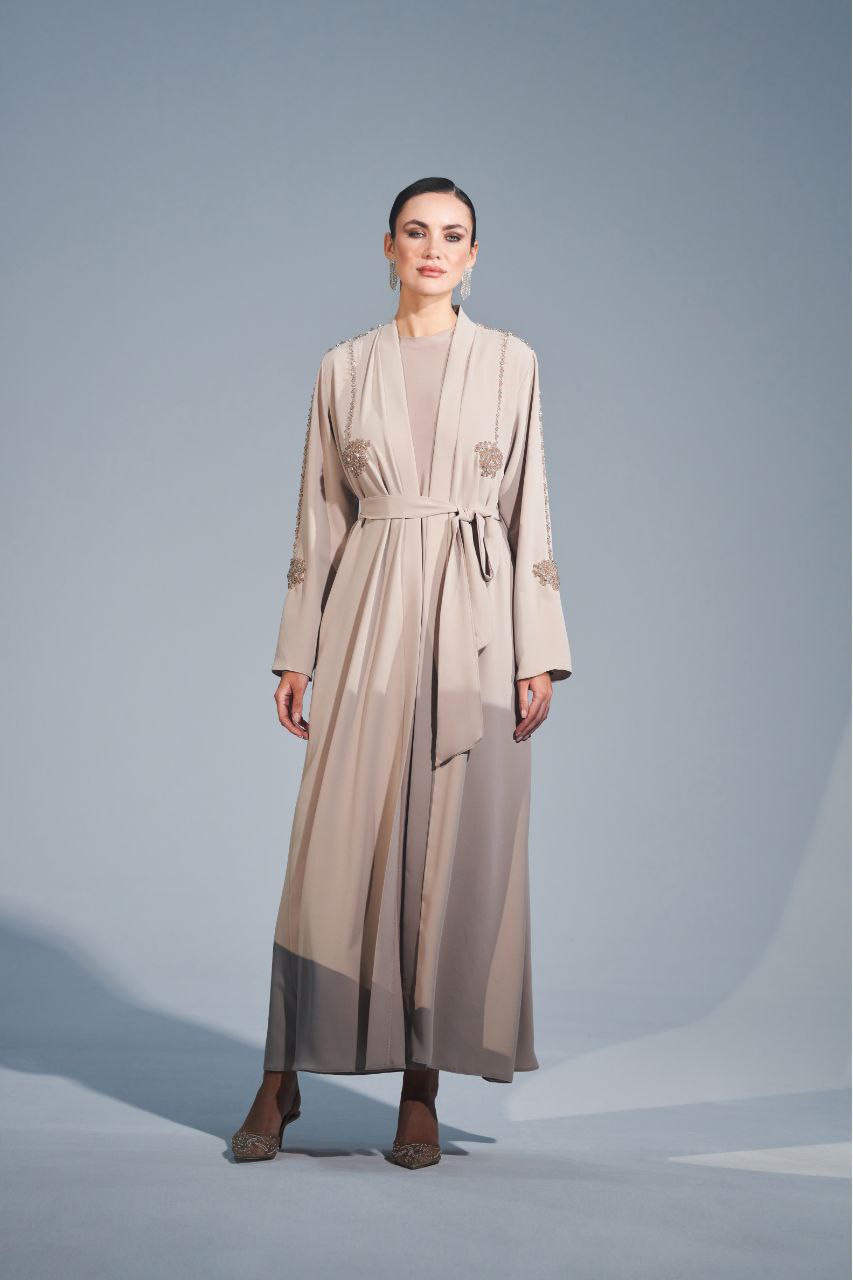 Handmade Embellished Open Front Kimono & Abaya with Belt - Boho Chic Cover Up for Women, Beach Wedding, Lounge Wear, Muslim Prayer Dress