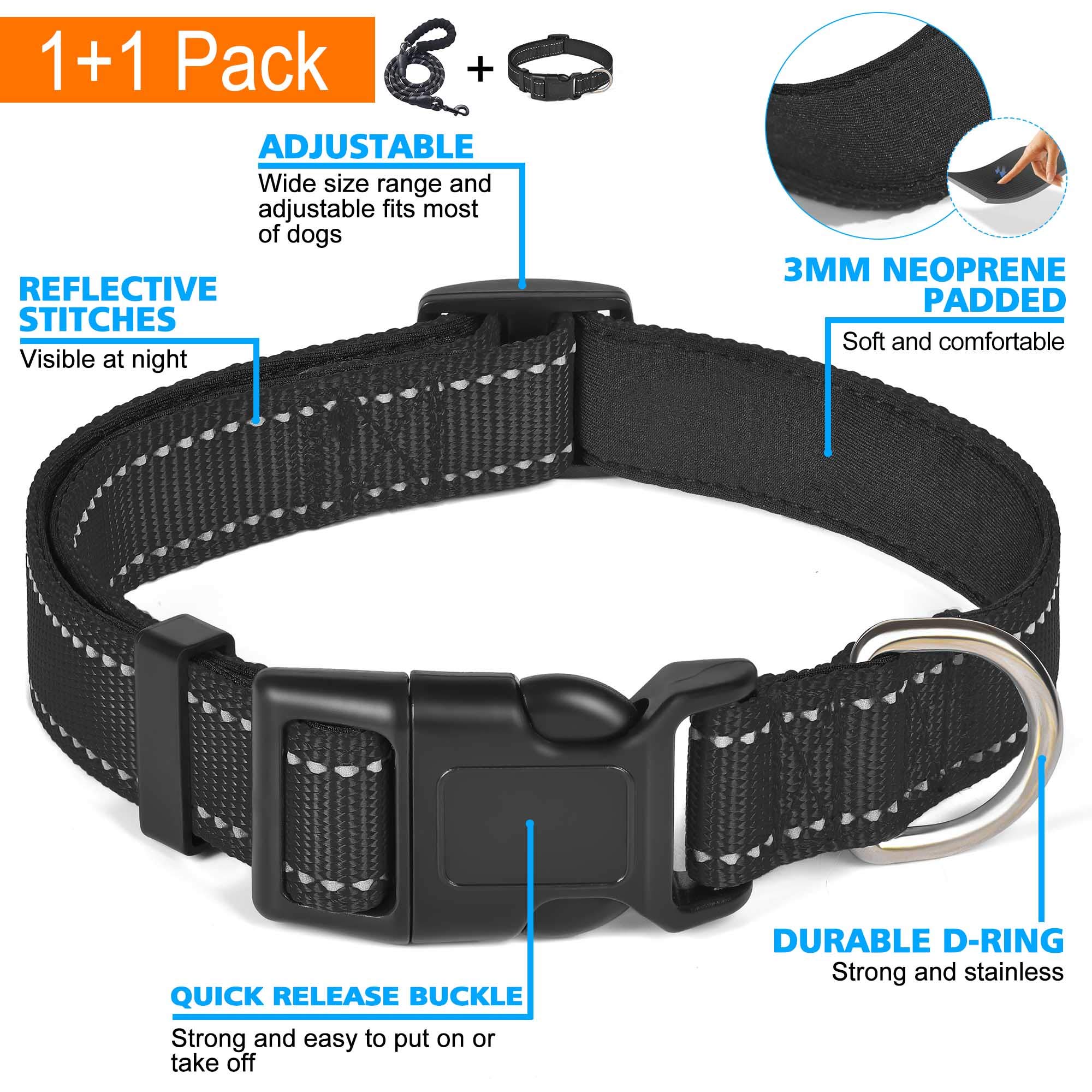 Reflective Adjustable Nylon Dog Collar with Soft Neoprene Padding - Breathable & Comfortable for Small, Medium & Large Dogs - Black Collar & Leash Set (Pack of 1) - Perfect for Night Walks, Training & Outdoor Adventures