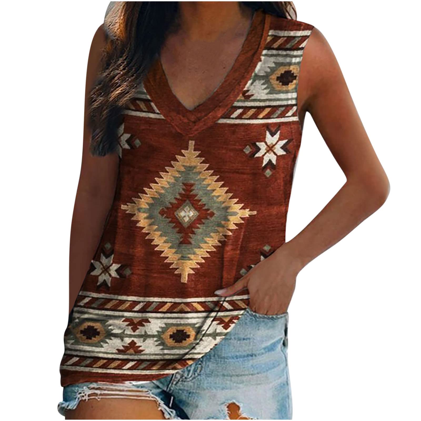 Plus Size Women's Casual V-Neck Sleeveless Tunic Vest Tank Tops - Summer Geometric Graphic Tees for Everyday Wear & Layering