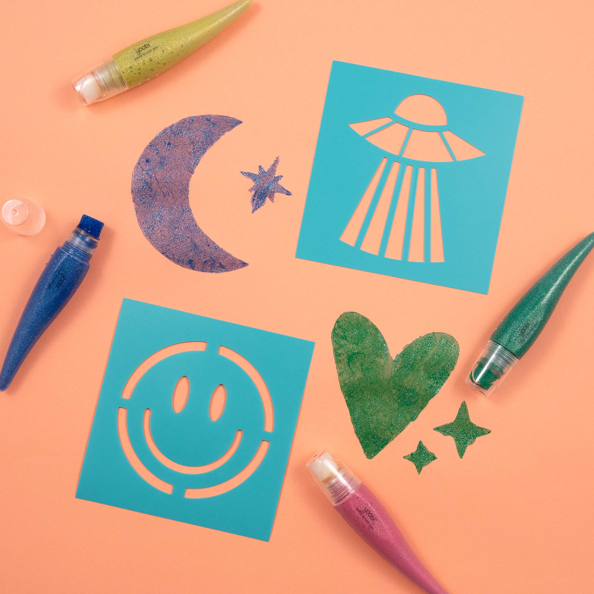 Yoobi Washable Paint Set - 16 Piece Art Kit with 8 Stencils & 8 Glitter Paint Brush Pens | Non-Toxic Multicolor Craft Supplies for Kids | Perfect for Holiday Crafts, Birthday Parties & School Art Projects