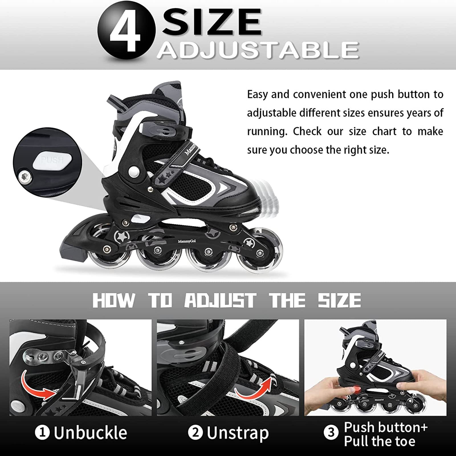 **MammyGol Adjustable Kids Inline Skates with LED Light-Up Wheels - Perfect for Boys & Girls - Ideal for Outdoor Play, Roller Rinks & Birthday Gifts**