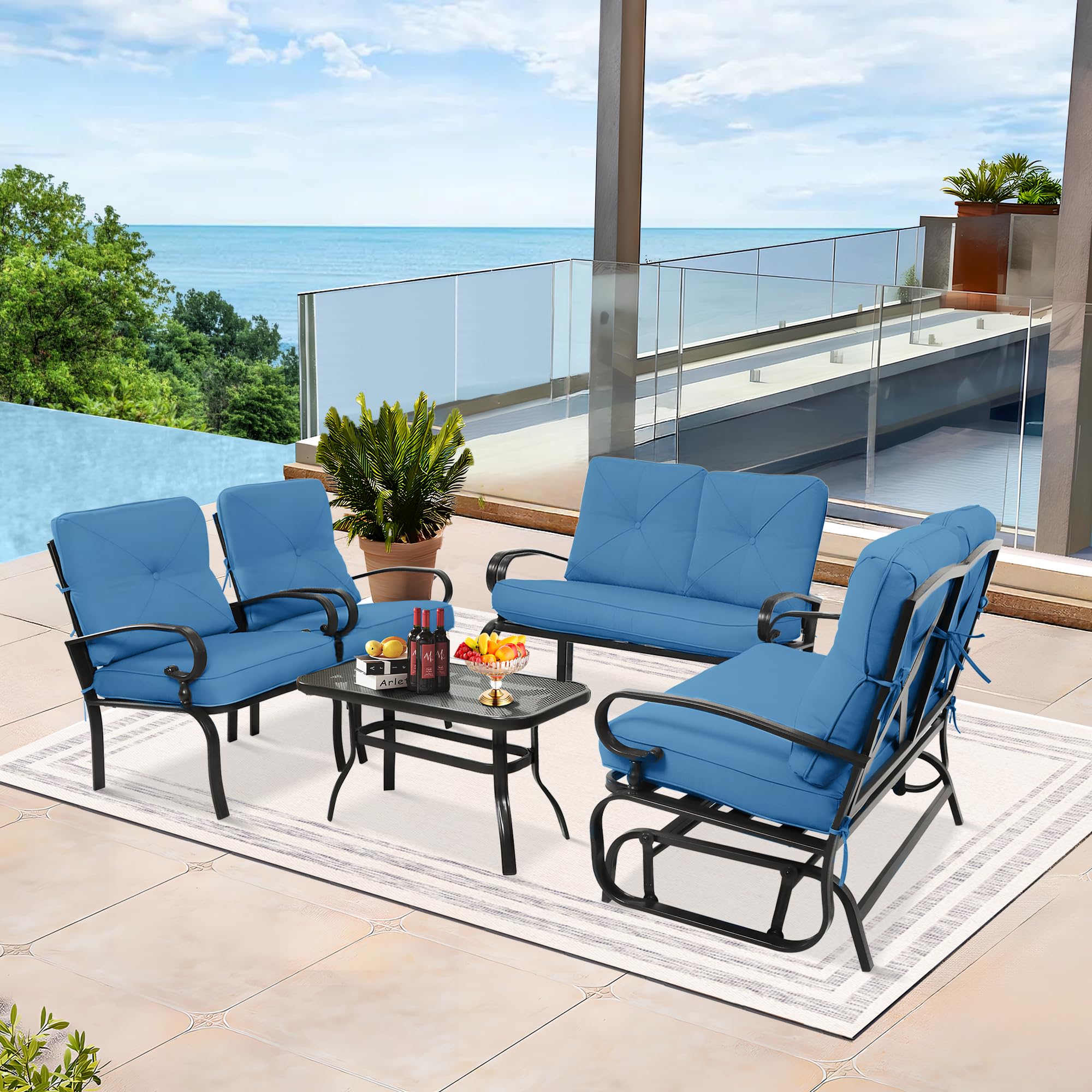 5-Piece Outdoor Patio Furniture Set with Glider, Loveseat, Coffee Table & 2 Cushioned Lounge Chairs - Peacock Blue - Perfect for Garden, Backyard, Poolside & Patio Relaxation