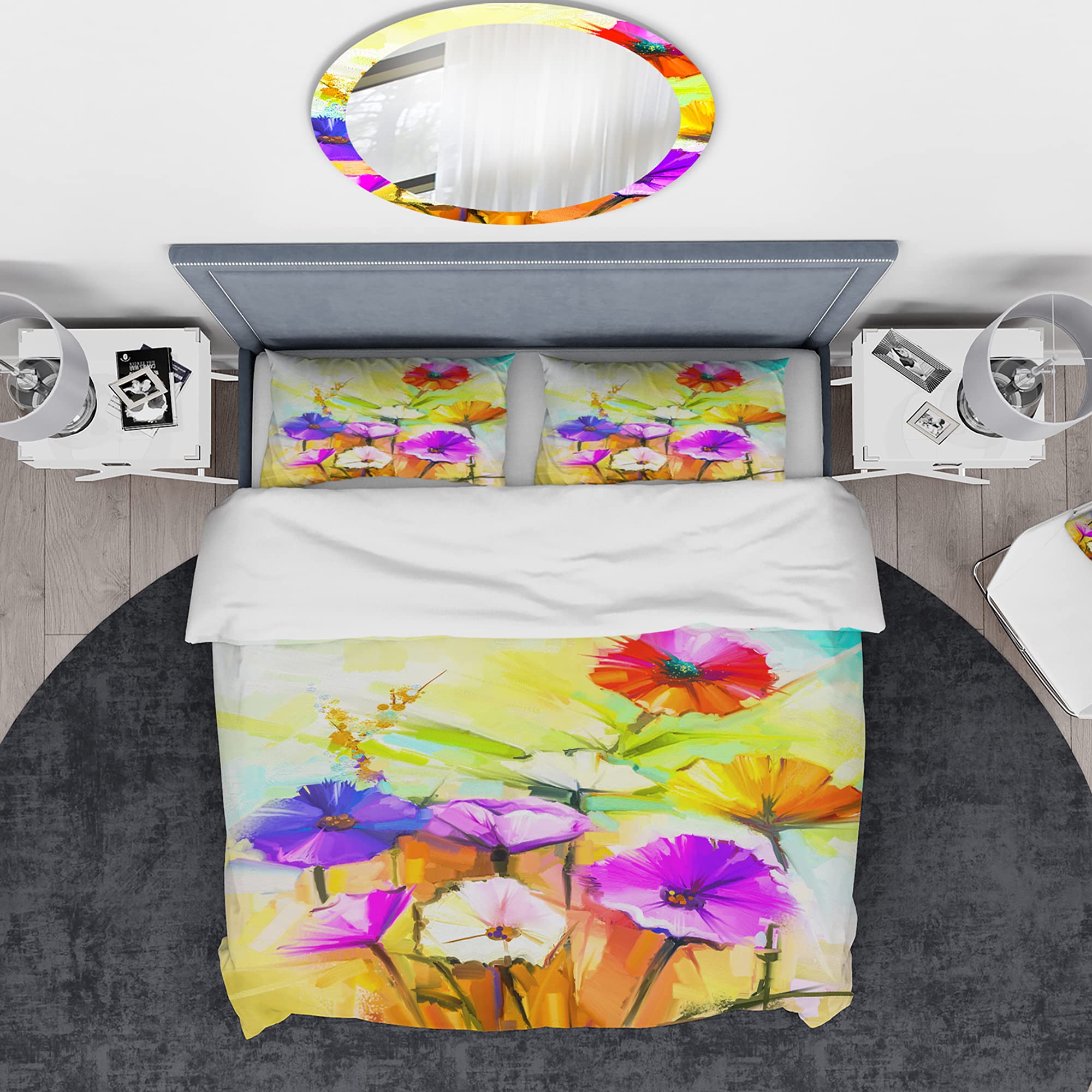 DesignQ Yellow Gerbera Flowers Painting Nautical Duvet Cover Set King - 3 Piece Floral Bedding Set for Coastal Decor | All Season Comfort for Master Bedroom & Guest Room