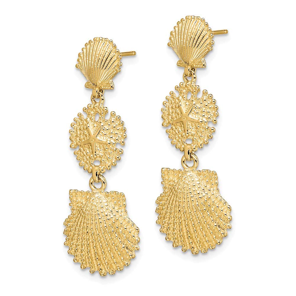 14K Yellow Gold Scallop Sand Dollar Dangle Earrings - Elegant Beach Jewelry for Women - Perfect for Vacation, Wedding, and Summer Outfits