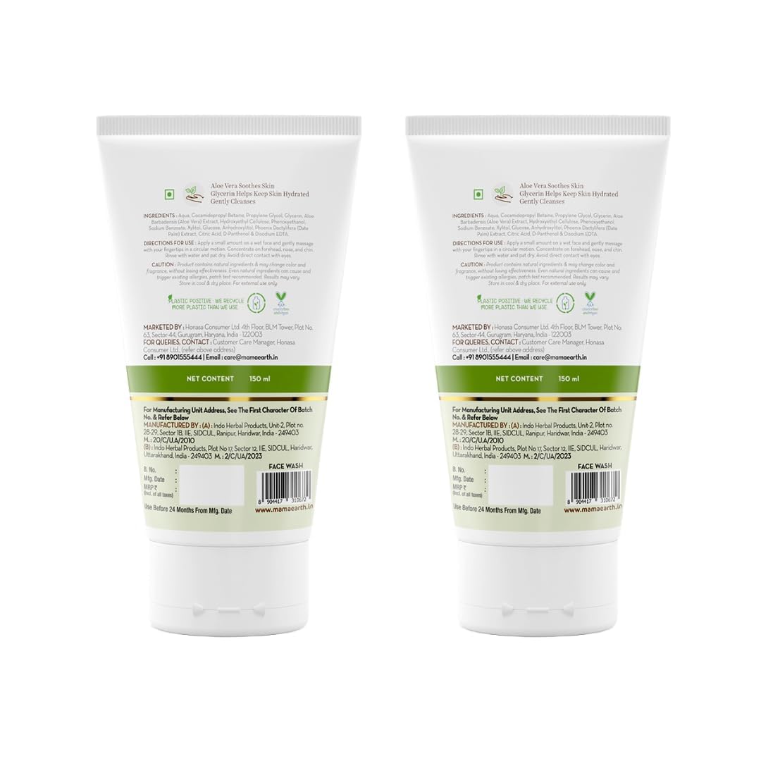 Mama'Earth Aloe Vera & Glycerin Gentle Face Wash for Sensitive Skin - 150ml (Pack of 2) | Hydrating & Soothing Cleanser for Dry to Normal Skin | Daily Skincare Routine & Travel Essential