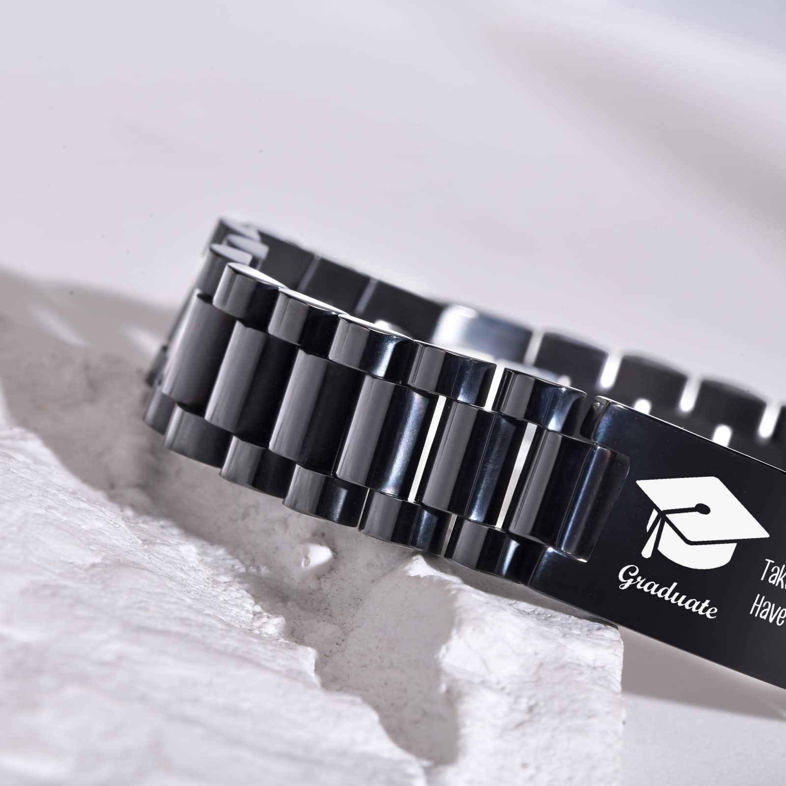 Custom Graduation Bracelet for Him - Inspirational Stainless Steel Link Bracelet - Class of 2025 College Graduate Gift - Personalized Engraving - Perfect for Commencement Ceremony & Alumni Reunion