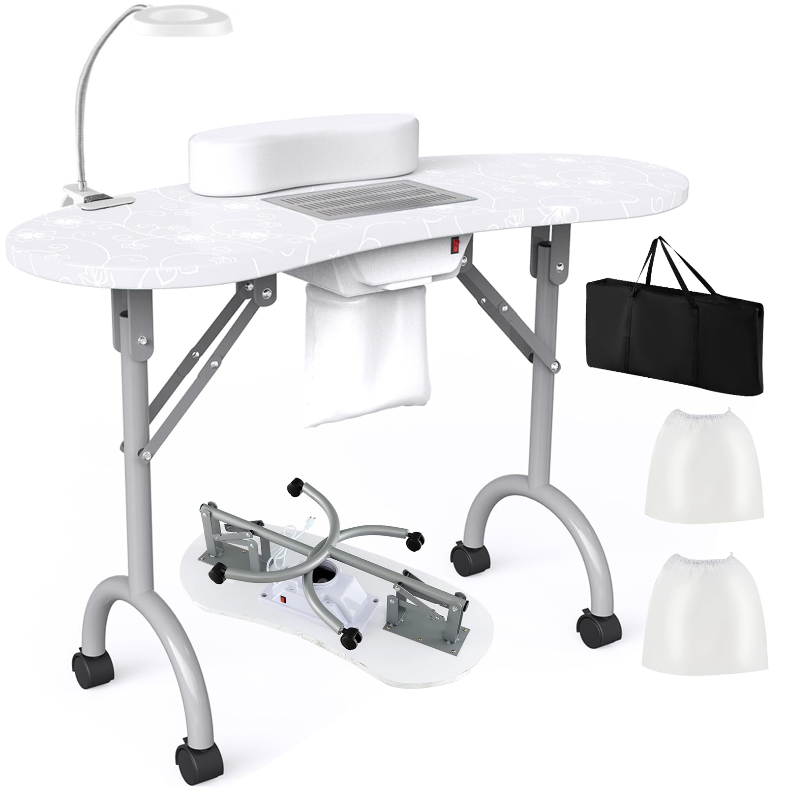 WELLHUT Professional Nail Table All-in-One Manicure Station with Electric Dust Collector, LED Nail Lamp, Carry Bag & Wrist Cushion - Mobile Nail Desk with Universal Mute Wheels for Home Spa, Beauty Salon & Professional Manicurists - Perfect for Nail Art, Gel Polish & Pedicure Services