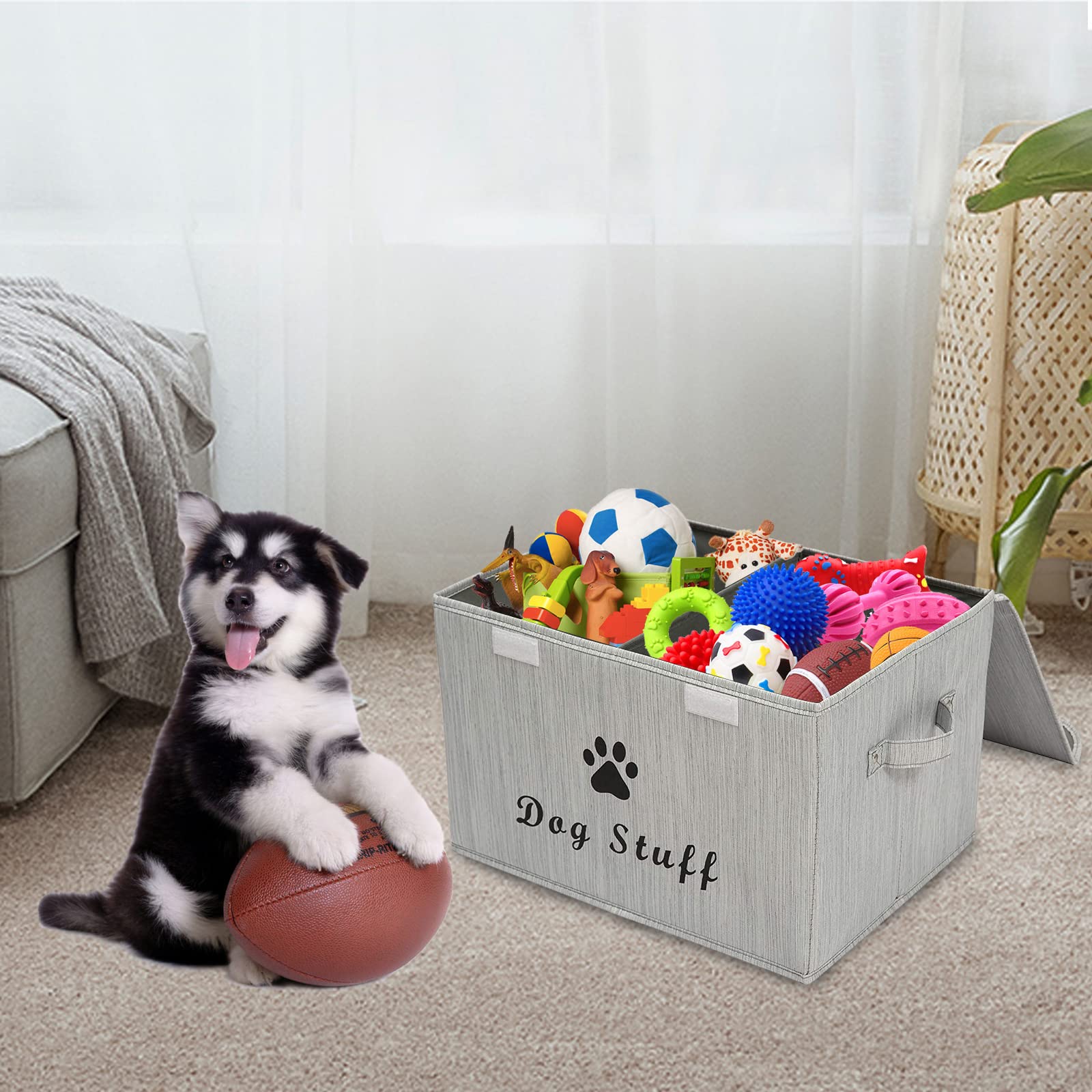 Morezi Large Dog Toy Storage Box with Lid - Collapsible Organizer Basket for Pet Toys, Living Room, Playroom & Closet - Bamboo Gray - Perfect for Home Organization & Pet Accessories Storage