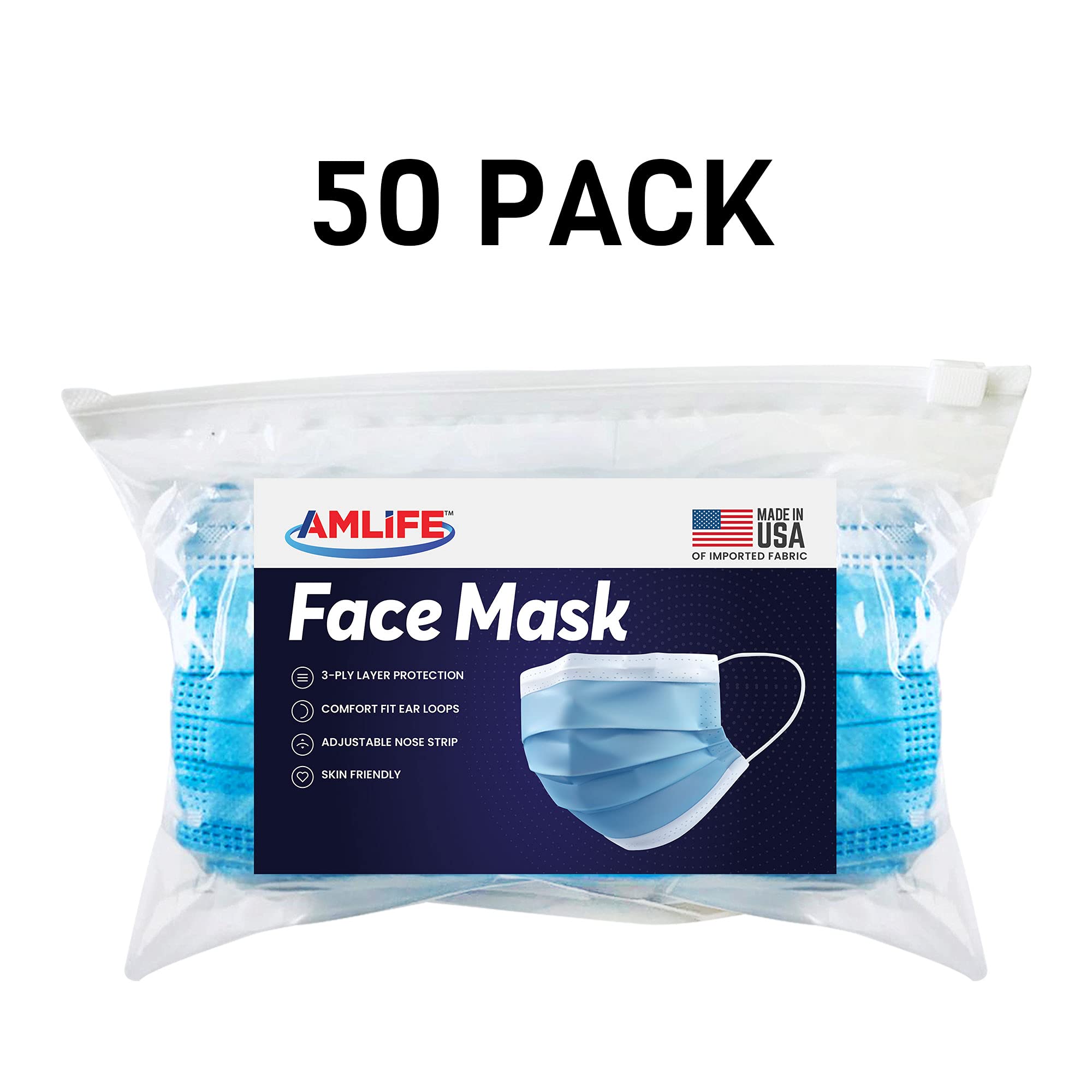 AMLIFE 3-Ply Disposable Face Masks (50 Pack) - Made in USA - For Work & Travel