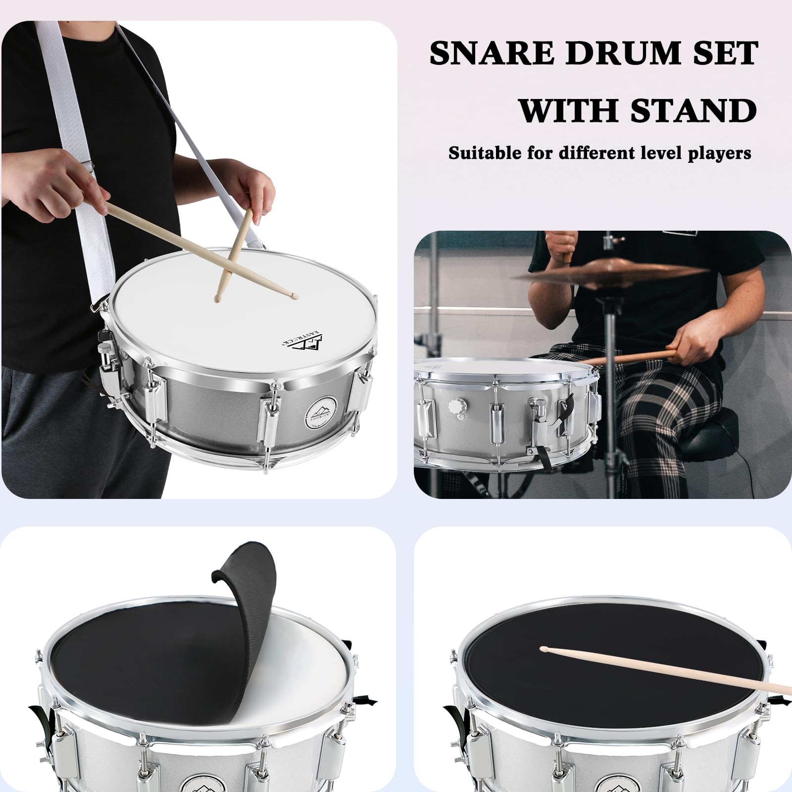EASTROCK 14x5.5 Inch Snare Drum Set for Beginners - Includes Gig Bag, Drumsticks, Stand & Keys - Coated White Drum Head - Perfect for School Band, Practice & Live Performances