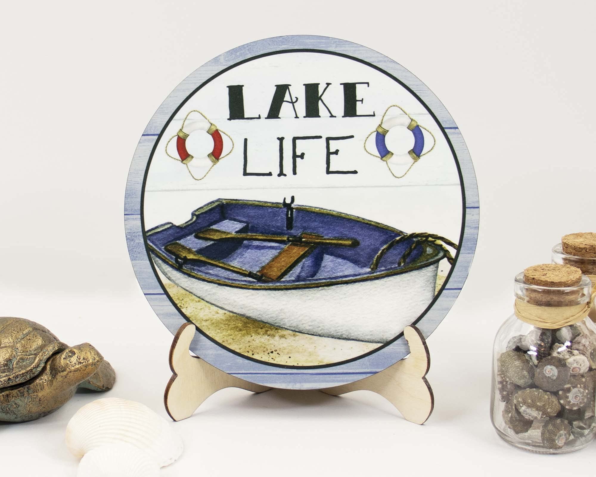 Lake Life Boat Sign - Rustic Wooden Tier Tray Decor with Stand | Mini Shelf Sitter Sign for Kitchen, Living Room & Cabin Decor | Perfect for Farmhouse, Coastal & Nautical Home Decoration