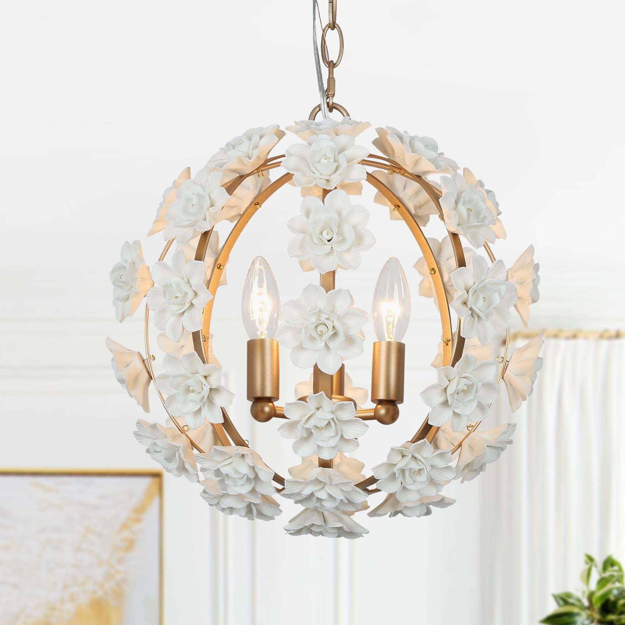 Elegant Gold Chandeliers - 3-Light Orb Ceramic Flower Pendant Lighting Fixture for Dining Room, Living Room, Kitchen | Modern Hanging Light for Home Decor, Wedding, Restaurant & Cafe Ambiance