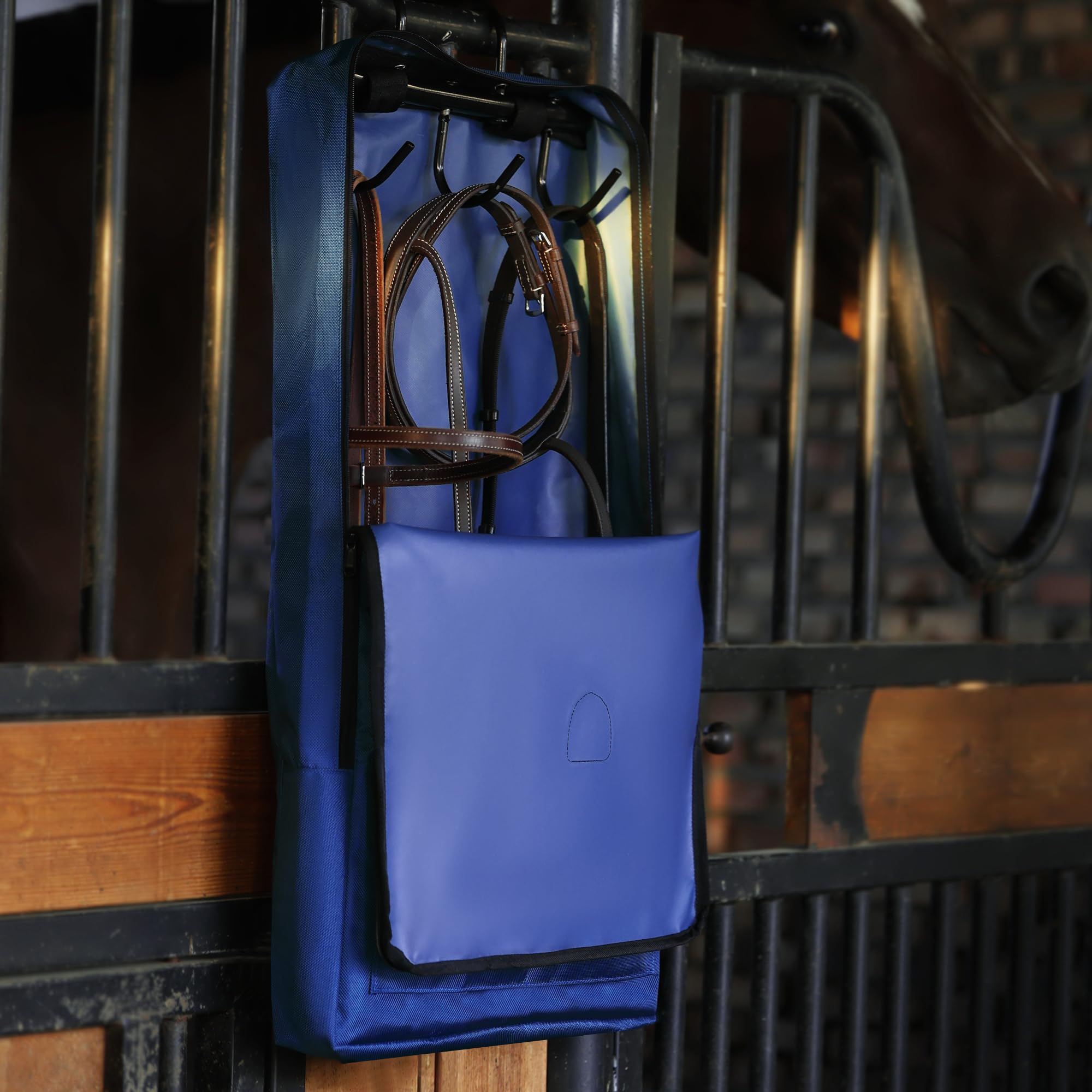Harrison Howard Waterproof Horse Tack Carry Bag with 3-Prong Tack Rack - Durable Bridle/Halter Storage Bag in Blue - Perfect for Equestrian Travel & Stable Organization