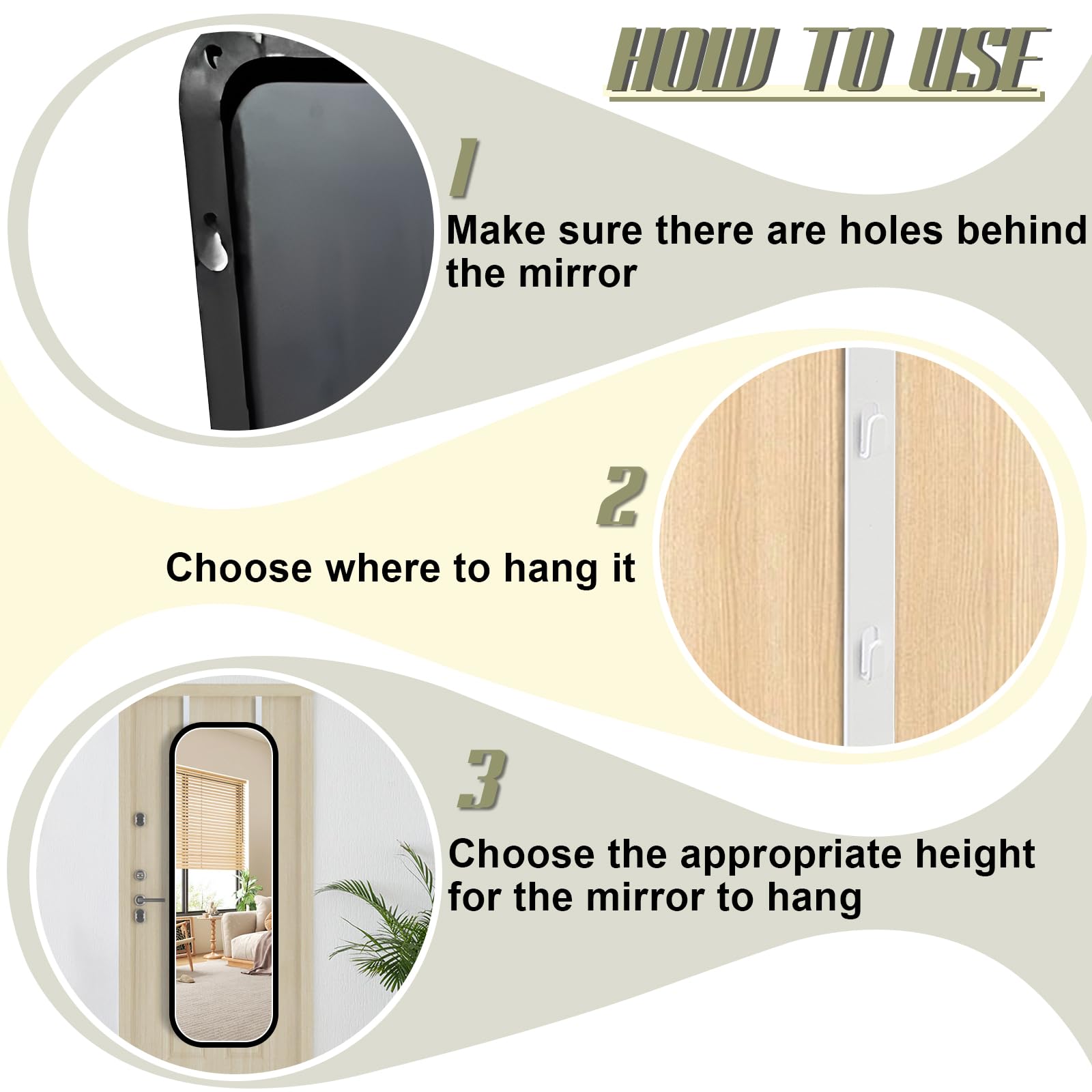 Over-The-Door Mirror Hanger - Adjustable 13.6 Inch White Door Mirror Bracket with Protective Lining (2 Pack) - Scratch-Resistant Design for Perfect Height & Fit - Ideal for Bedroom, Bathroom & Closet Organization (Mirror Not Included)