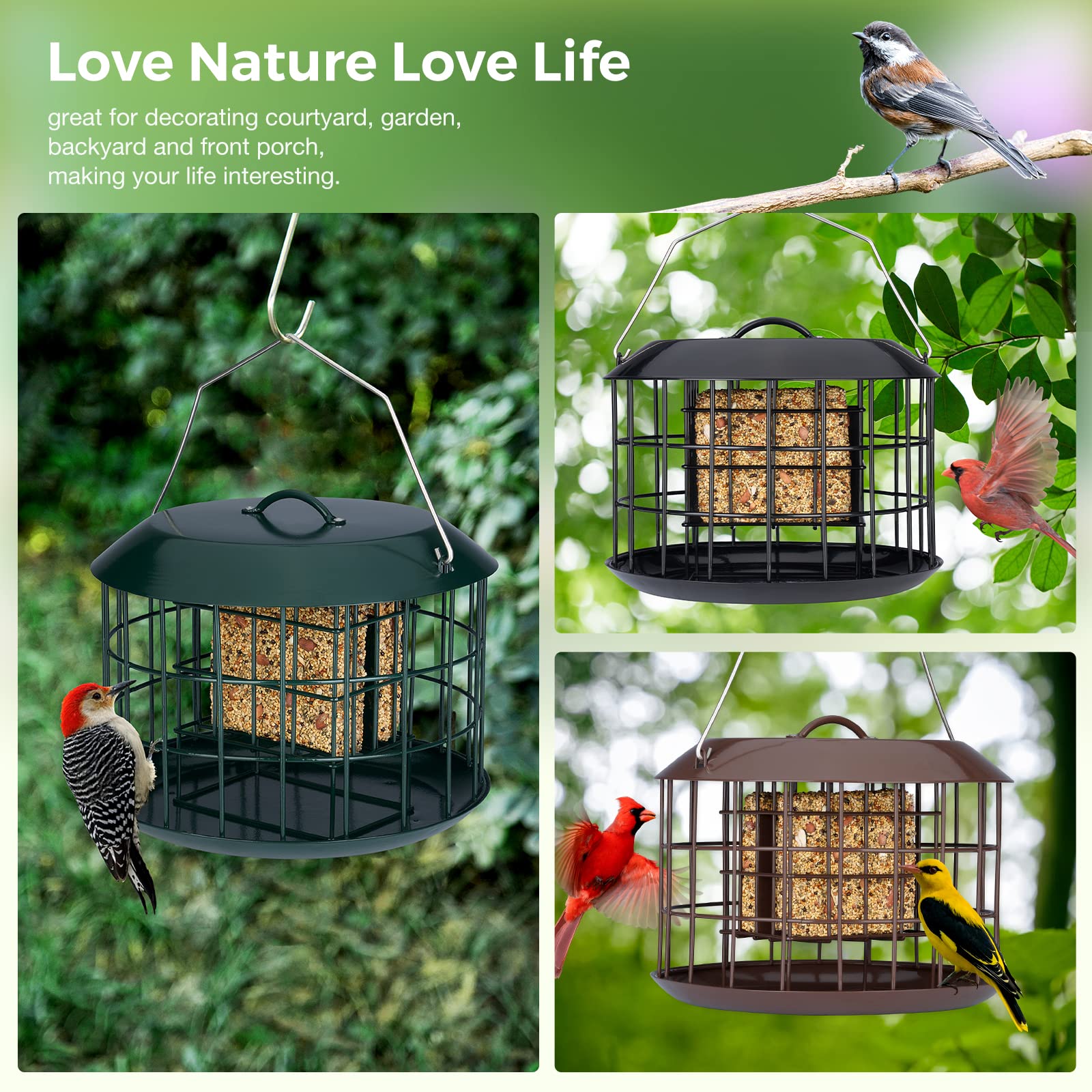 Kingsyard Squirrel Proof Suet Bird Feeder - All Metal Outdoor Hanging Cage Feeder with Double Suet Cake Capacity, Tray & Weatherproof Design (Brown) - Perfect for Backyard Bird Watching & Wildlife Observation
