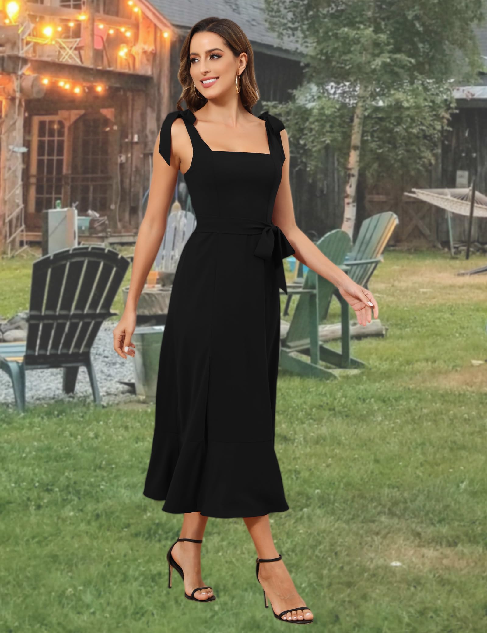 Royal Matrix Women's Midi Dress for Wedding Guest - Square Neck Semi Formal Cocktail Party Dress with Side Slit | Perfect for Bridesmaid, Evening Events & Special Occasions