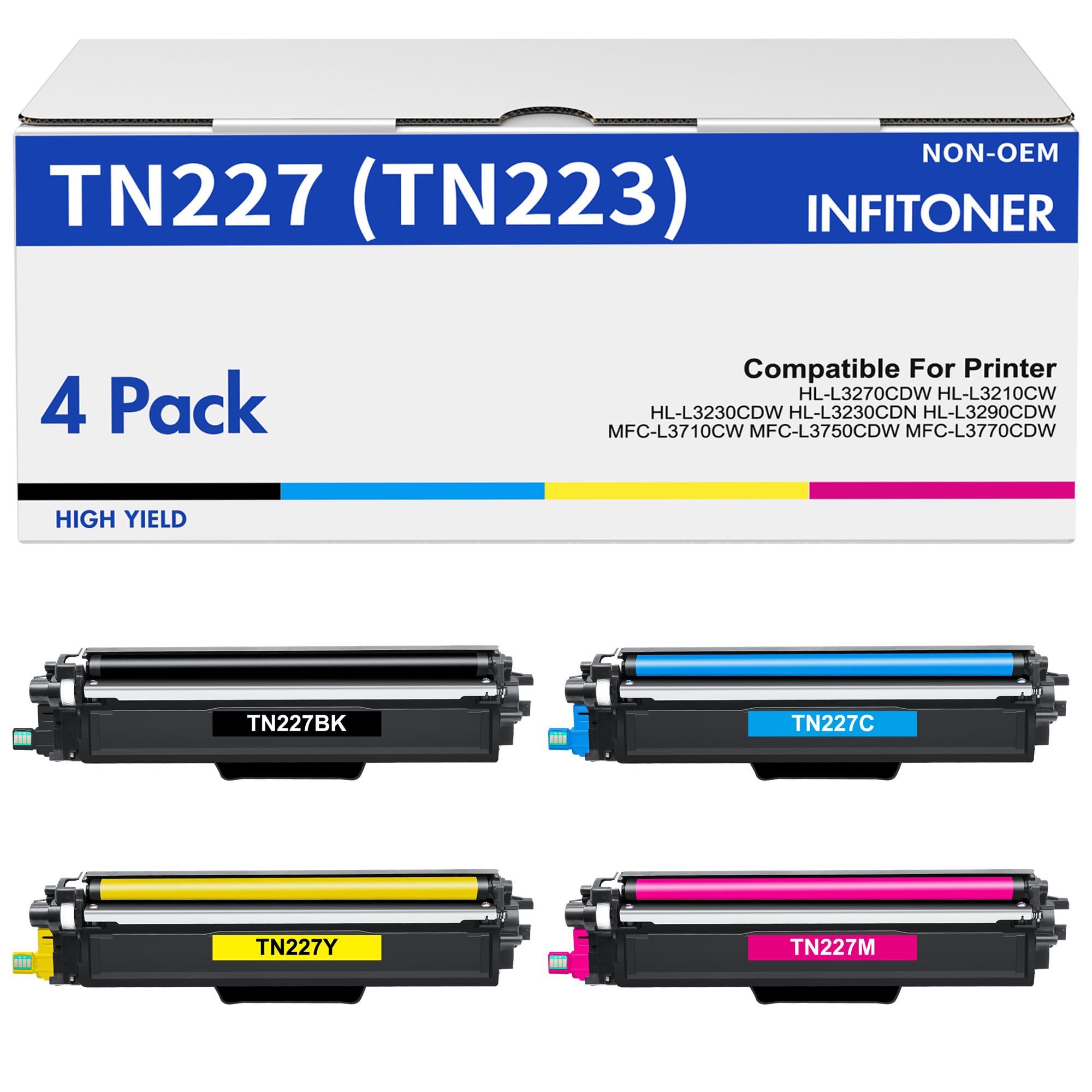 High Yield TN227 Toner Cartridge 4-Pack (Black/Cyan/Magenta/Yellow) - Compatible Replacement for Brother TN-223BK/C/M/Y & Printers MFC-L3750CDW, L3770CDW, HL-L3290CDW | Office & Home Printing Solution for Documents, Flyers & Business Reports
